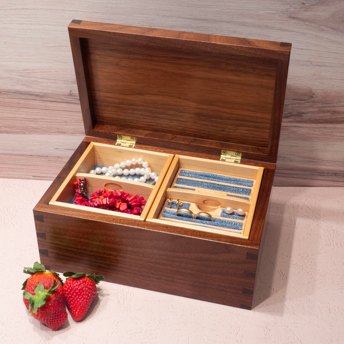Handmade Walnut Jewelry Box (10"x6.5"x4.5"): Blue Fabric