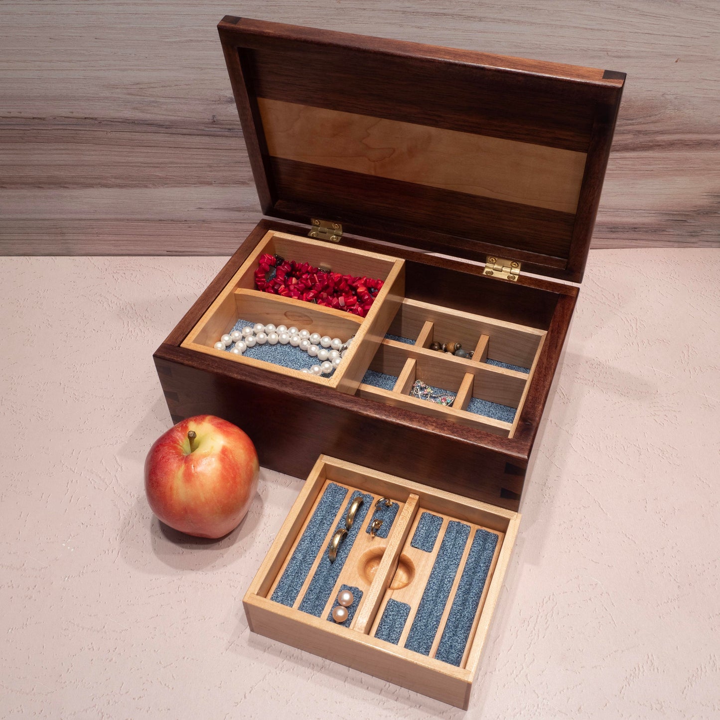 Walnut/Maple Wood Jewelry Box - Blue Fabric (10"x6.5"x4.5") - Including Removable Ring Organizer