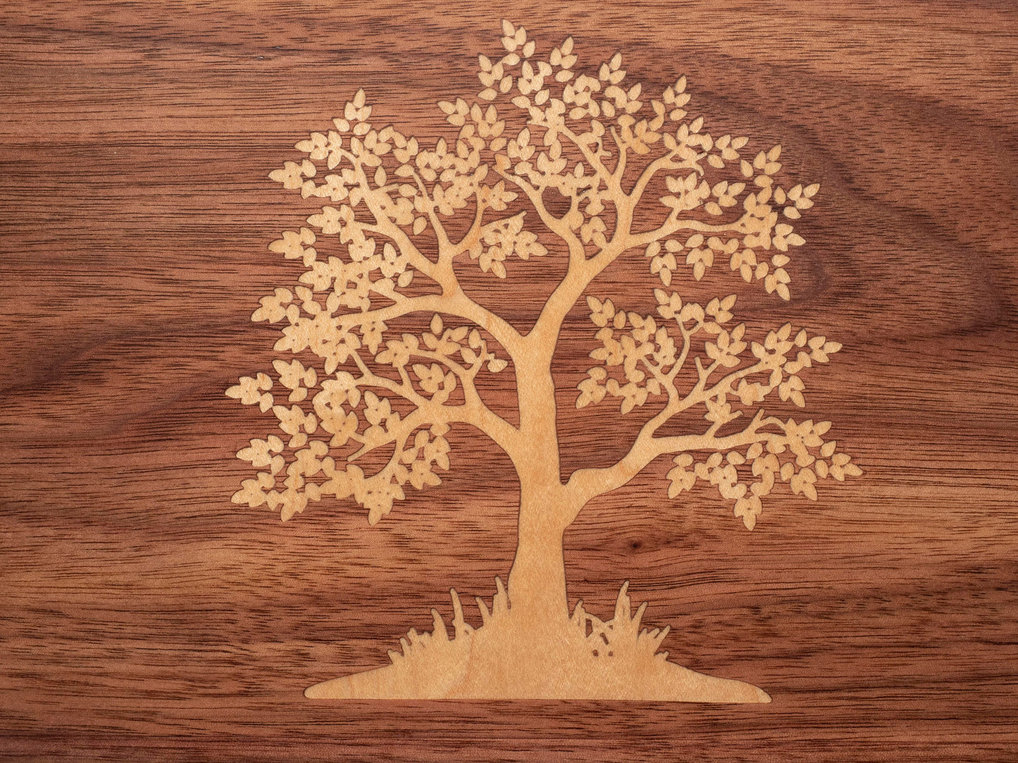 Handmade Walnut Jewelry Box: Tree of Life Maple Inlay - Green Fabric