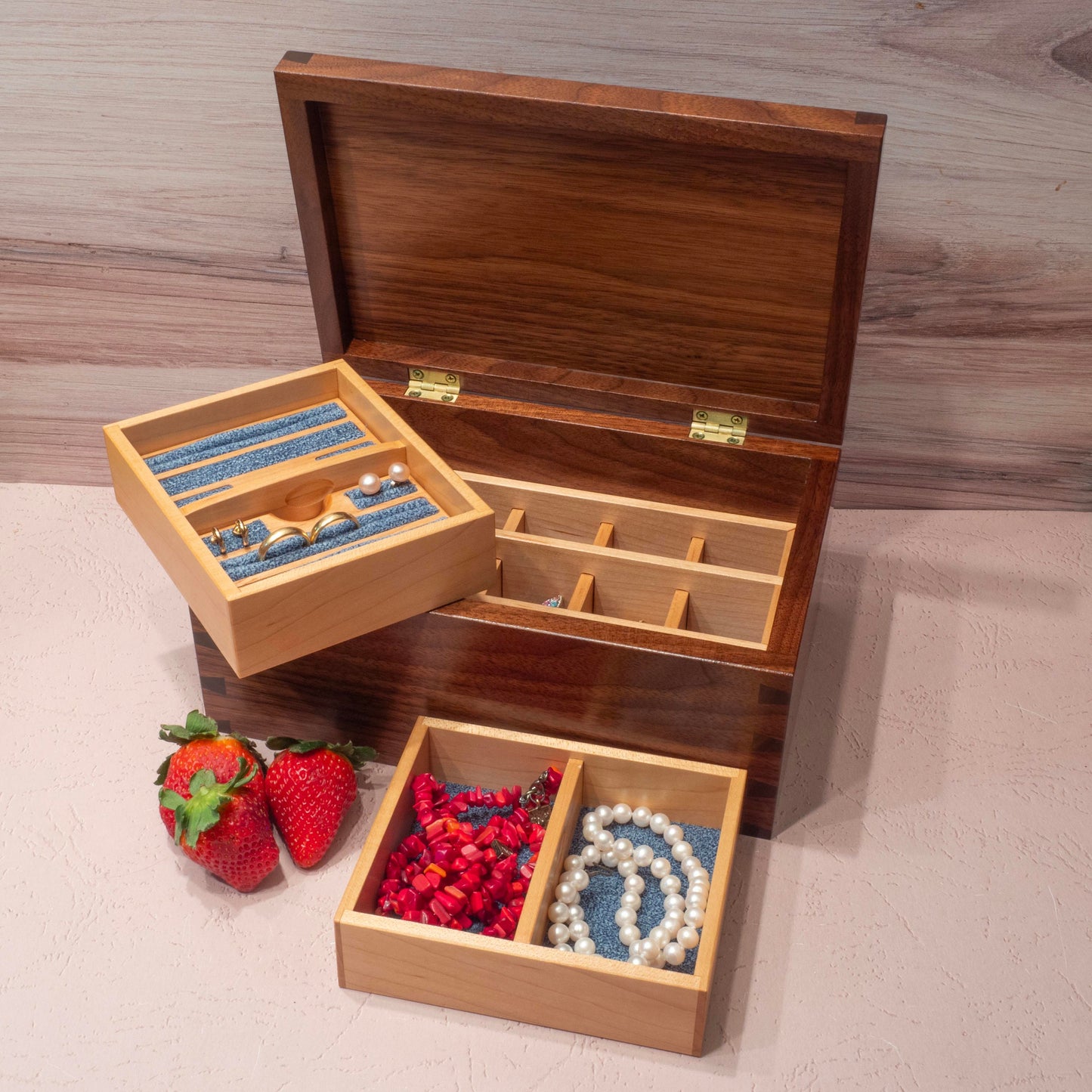 Handmade Walnut Jewelry Box (10"x6.5"x4.5"): Blue Fabric