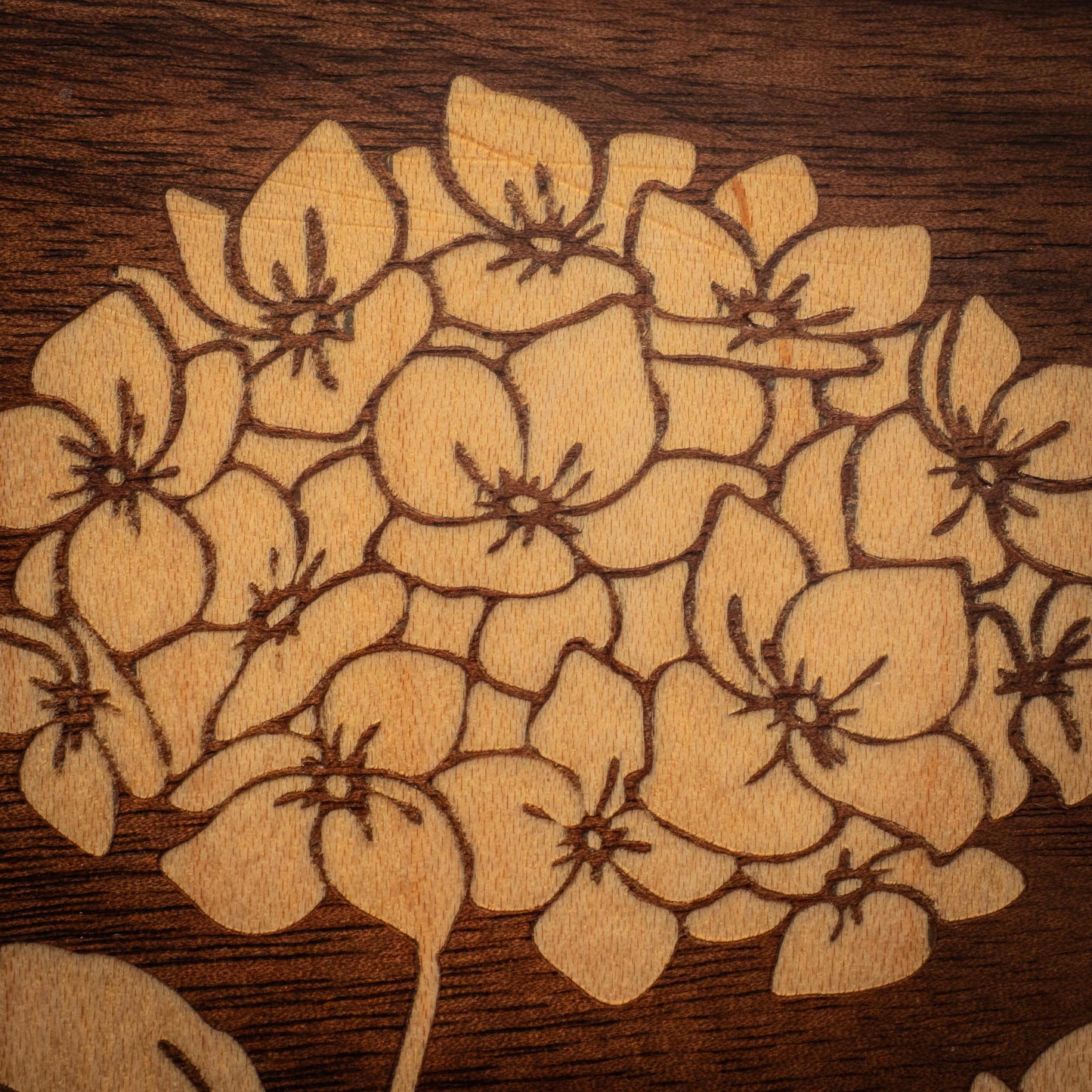 Walnut Jewelry Box: Hydrangea Inlay, Blue Fabric - Handmade