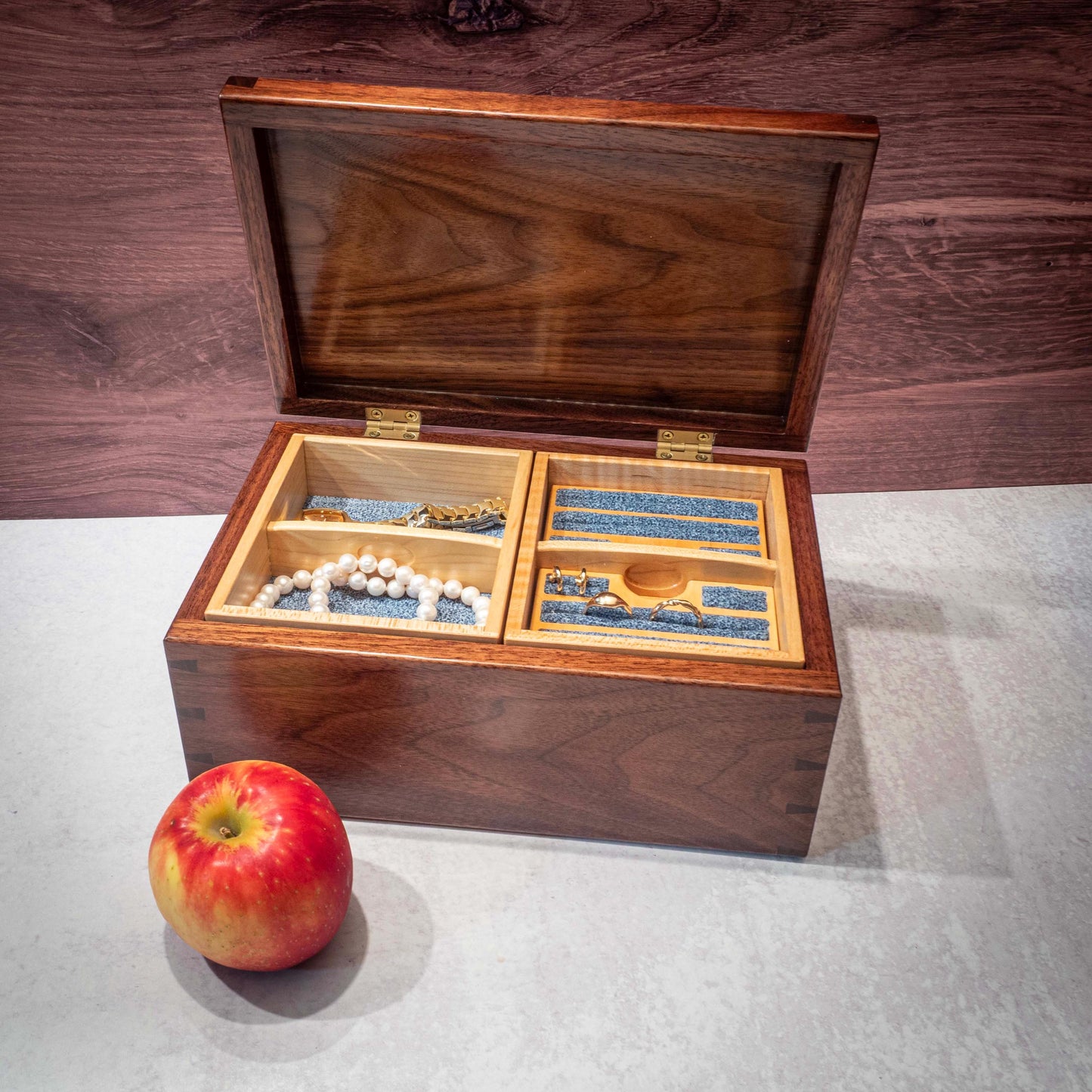 Walnut Jewelry Box: Love Bird Padauk Wood Inlay, Blue Fabric - Handmade