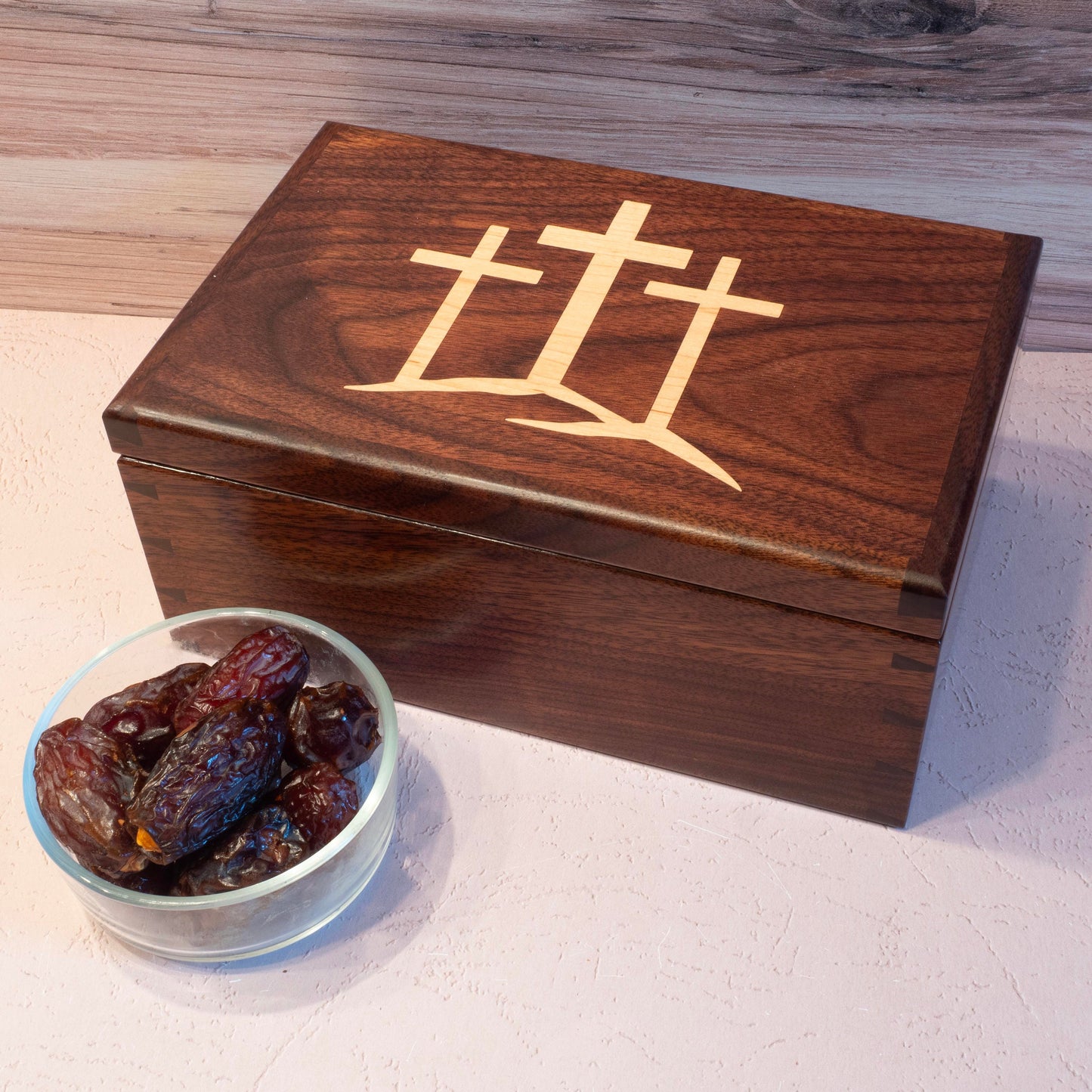 Walnut Jewelry Box - Blue Fabric - Cross Inlay (10"x6.5"x4.5") - Including Removable Ring Organizer