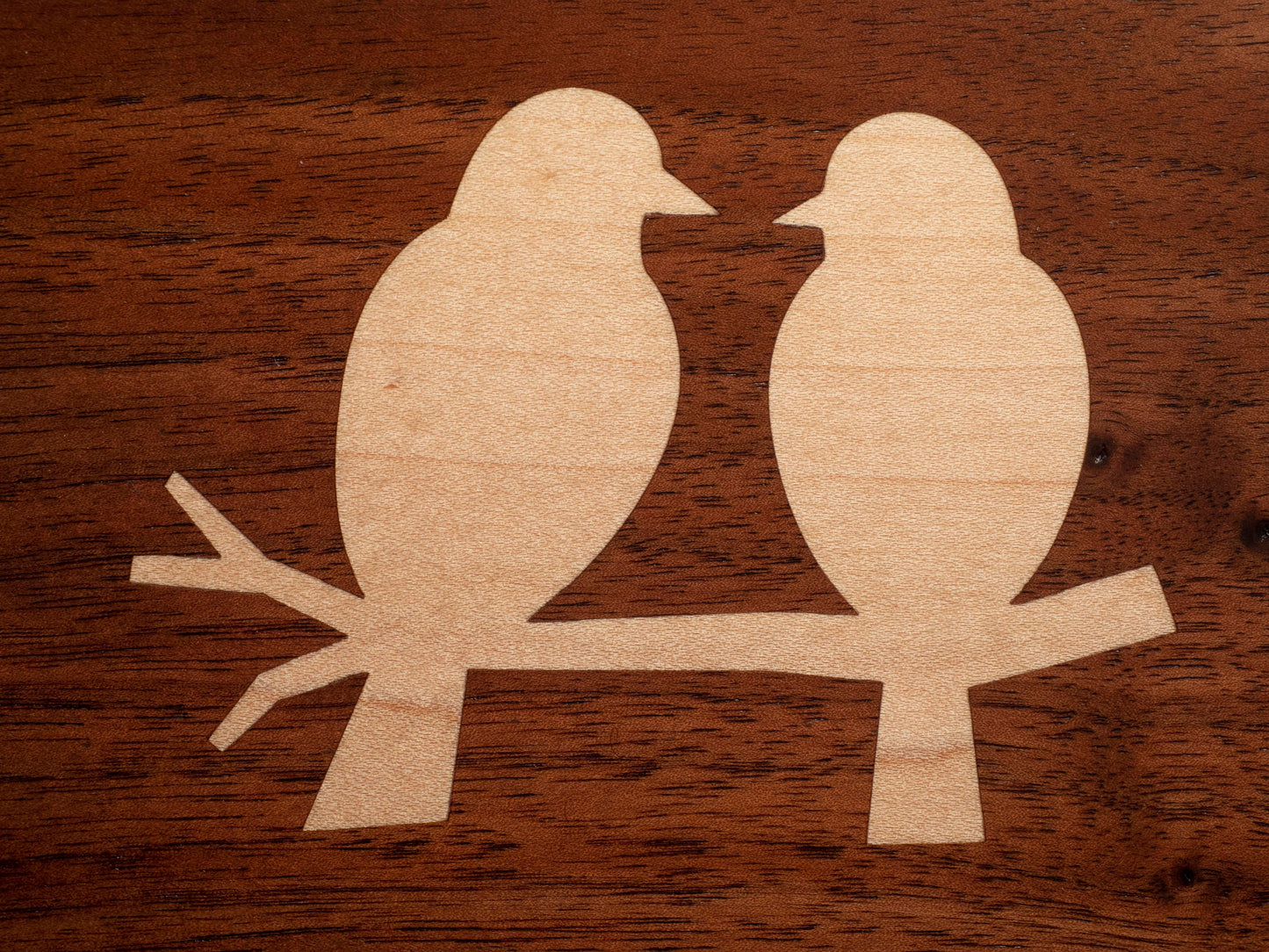 Handmade Walnut Jewelry Box: Love Birds Inlay - Blue Fabric
