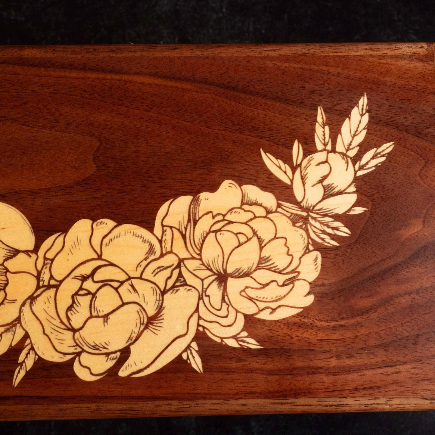 Large Walnut Jewelry Box With Hand-Cut Dovetails (15"x8") with Peonies Inlay