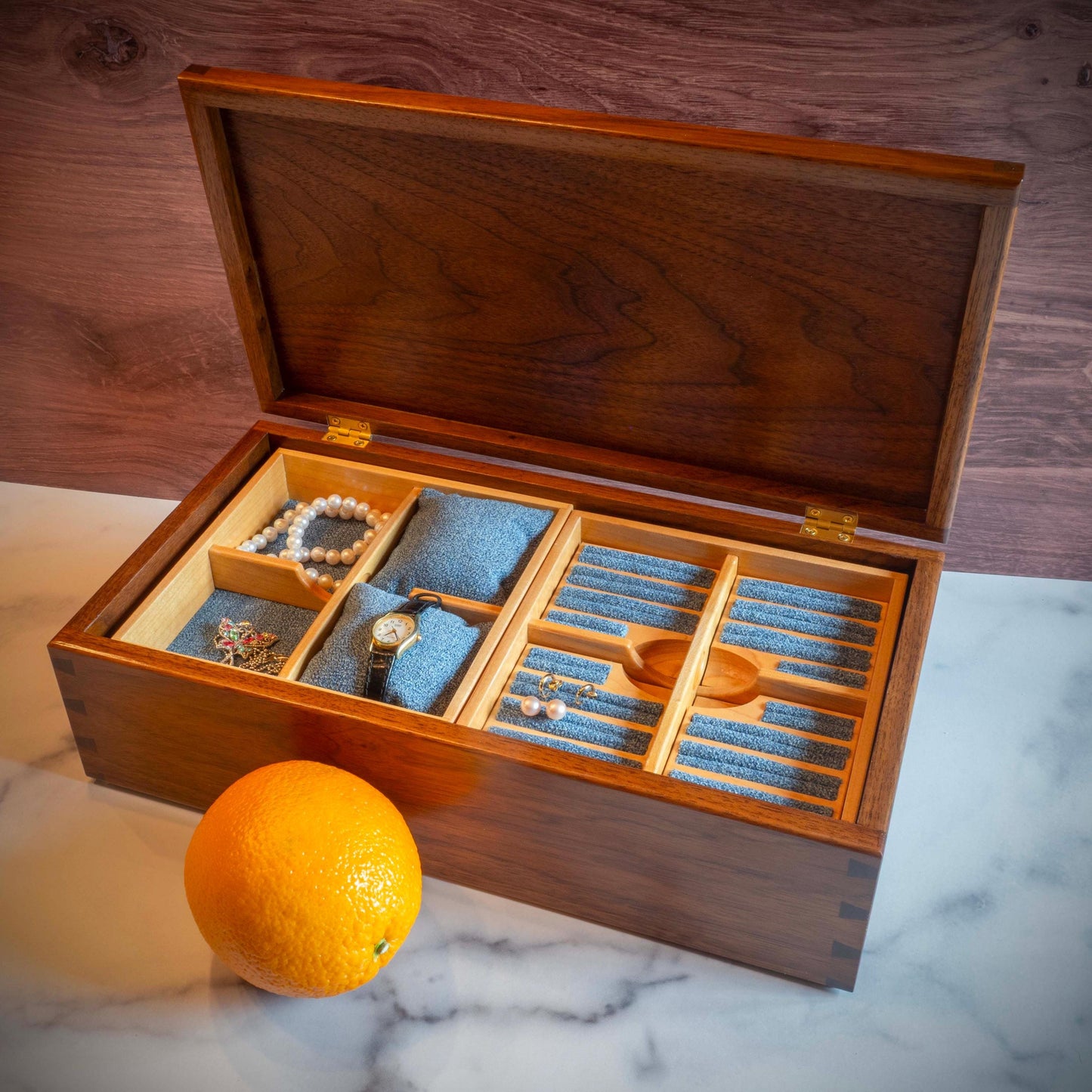 Large Walnut Jewelry Box With Hand-Cut Dovetails (15"x8") with Love Bird Inlay