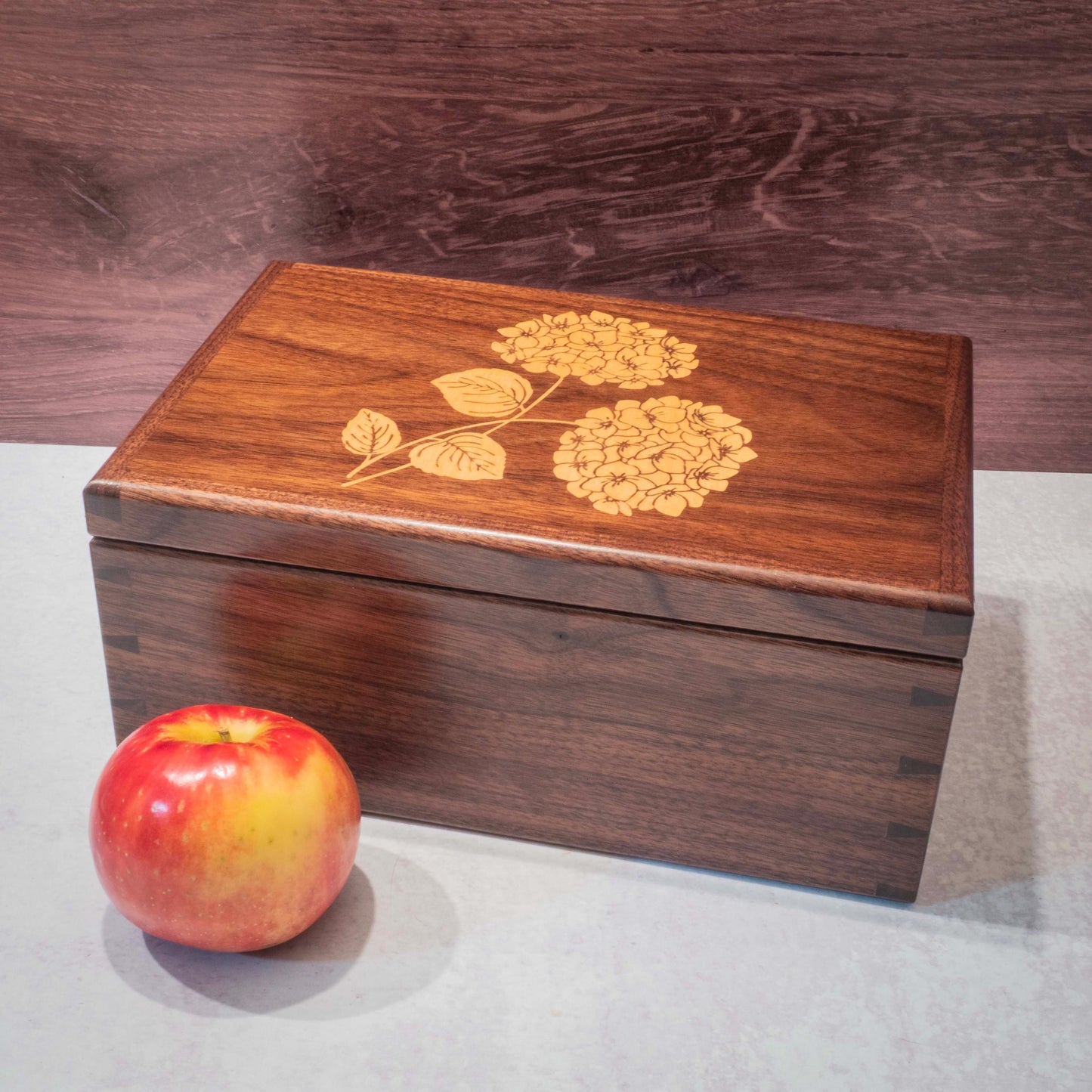 Walnut Jewelry Box: Hydrangea Inlay, Blue Fabric - Handmade
