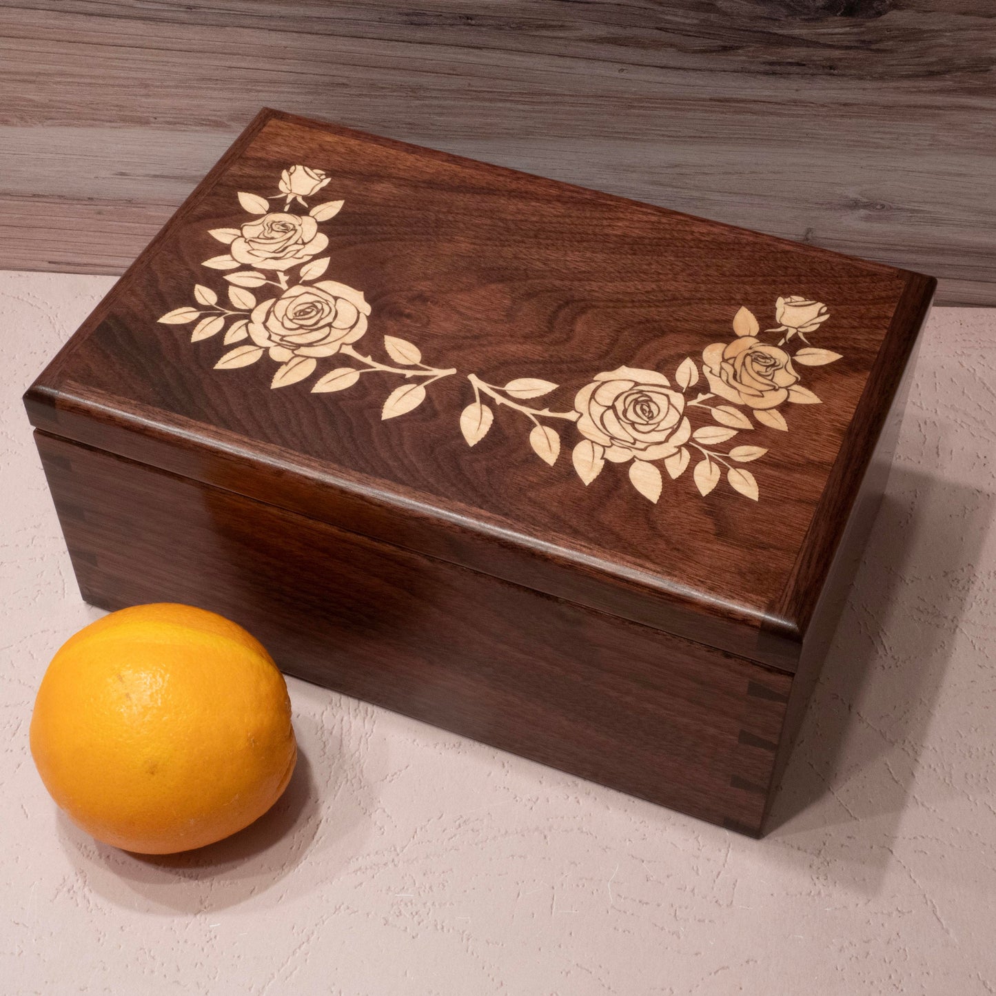 Handmade Walnut Jewelry Box: Rose Maple Inlay - Green Fabric