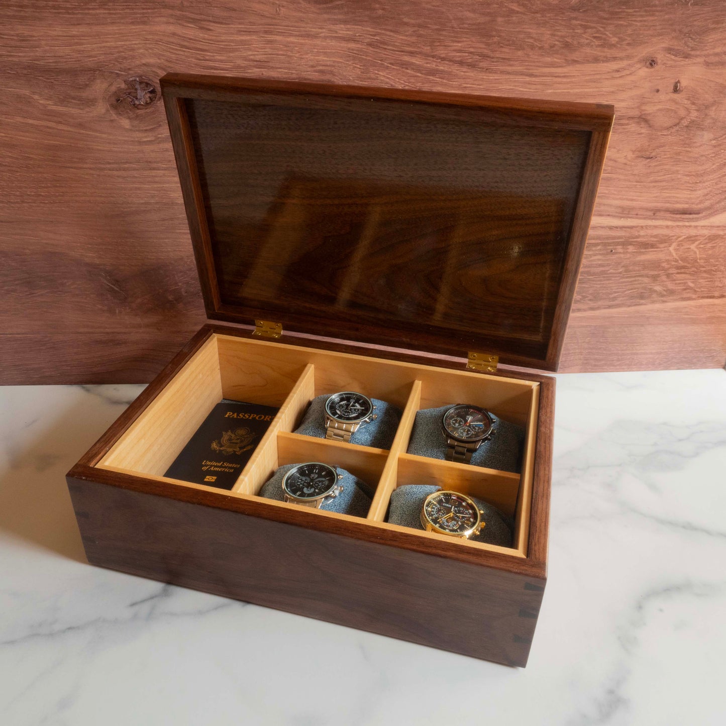 Watch box 2x2 and one large compartment (9" x 12.75" x 4.5")