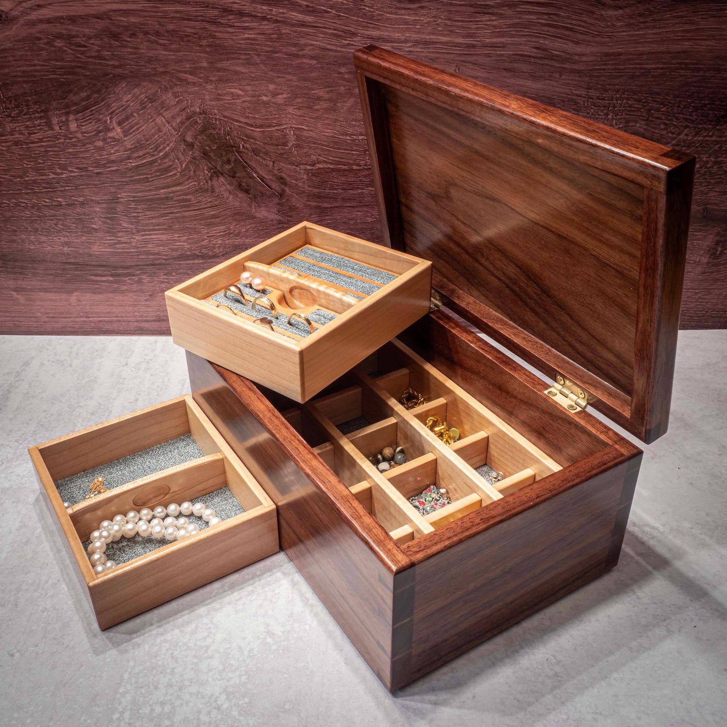 Handmade Walnut Jewelry Box: Hearth Padauk Wood Inlay, Green Fabric