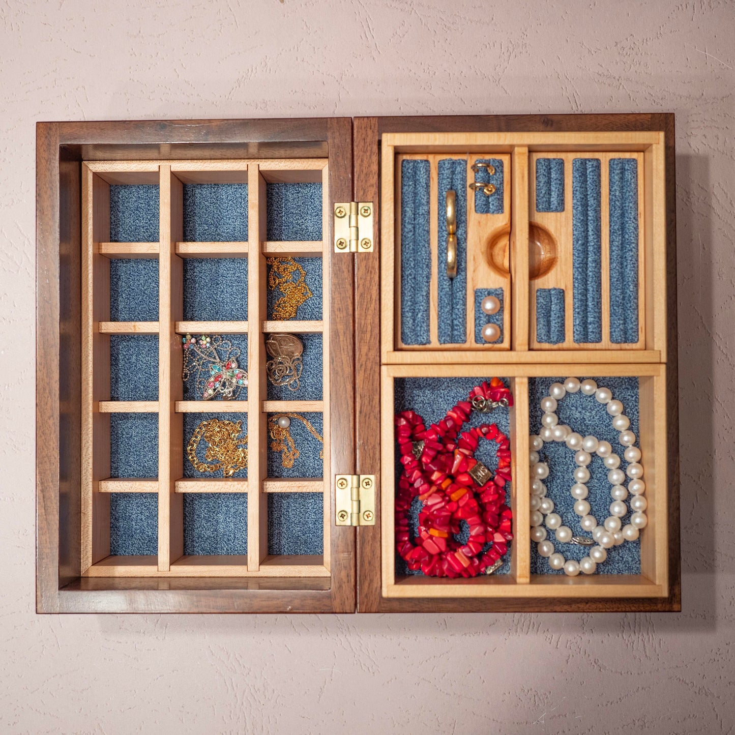 Handmade Walnut Jewelry Box (10"x6.5"x4.5"): Blue Fabric