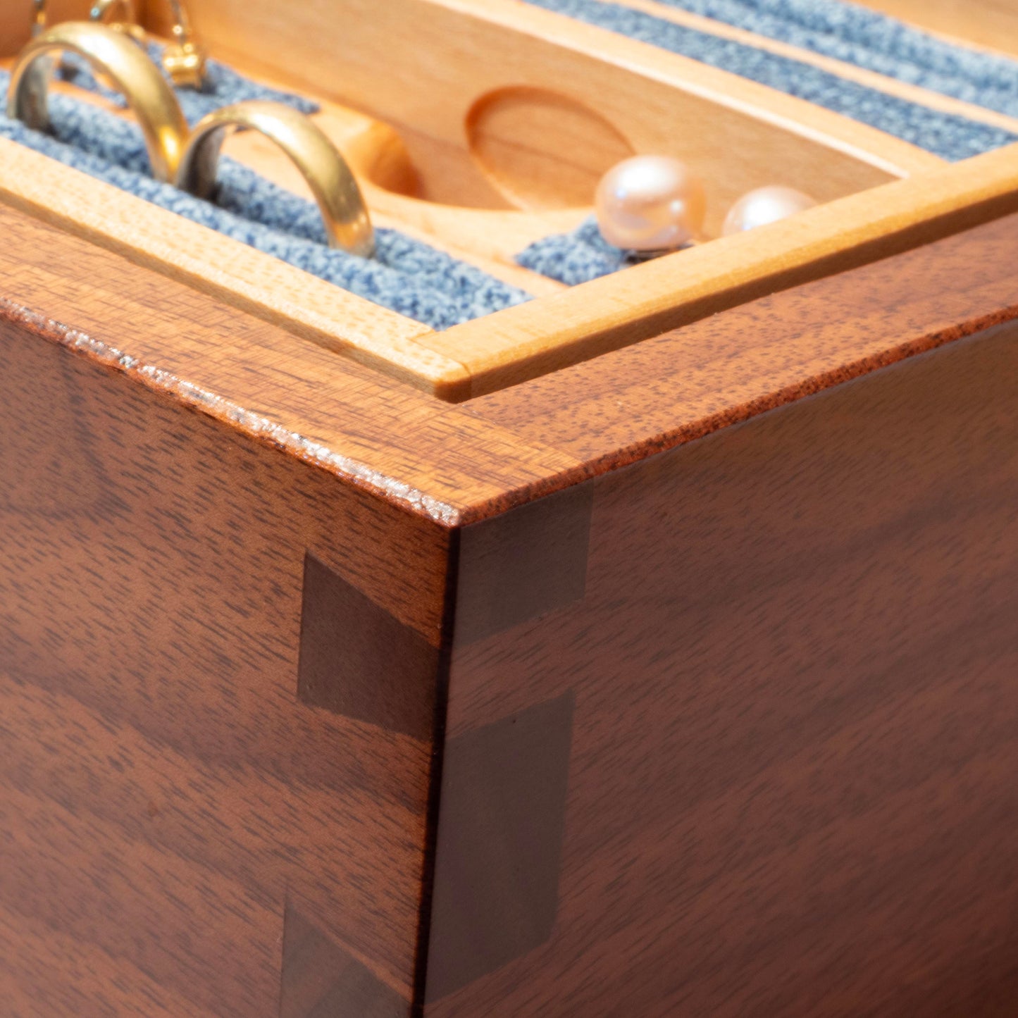 Handmade Walnut Jewelry Box (10"x6.5"x4.5"): Blue Fabric