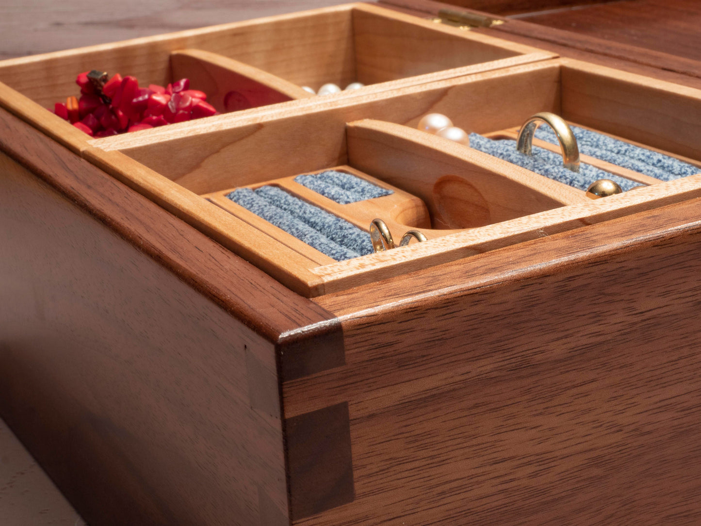 Handmade Walnut Jewelry Box: Love Birds Inlay - Blue Fabric