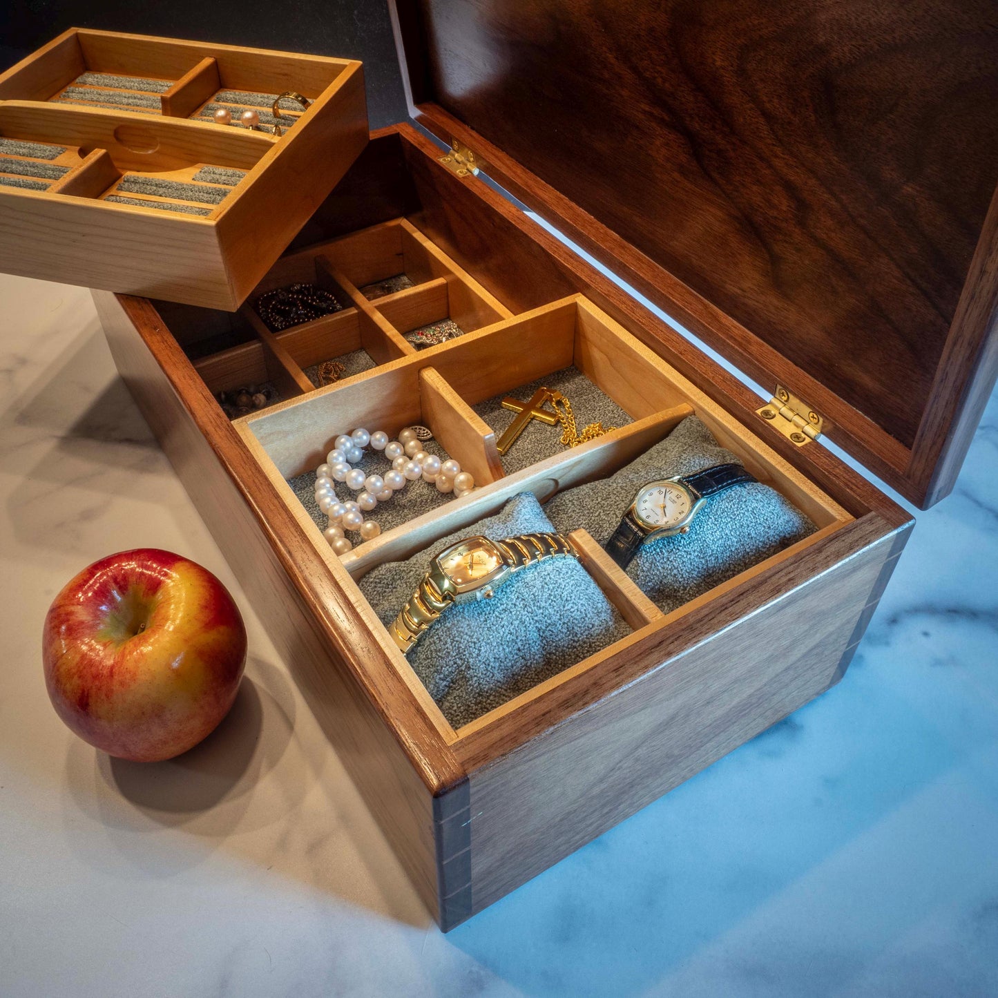 Large Walnut Jewelry Box With Hand-Cut Dovetails (15"x8") with Tree of Life Inlay