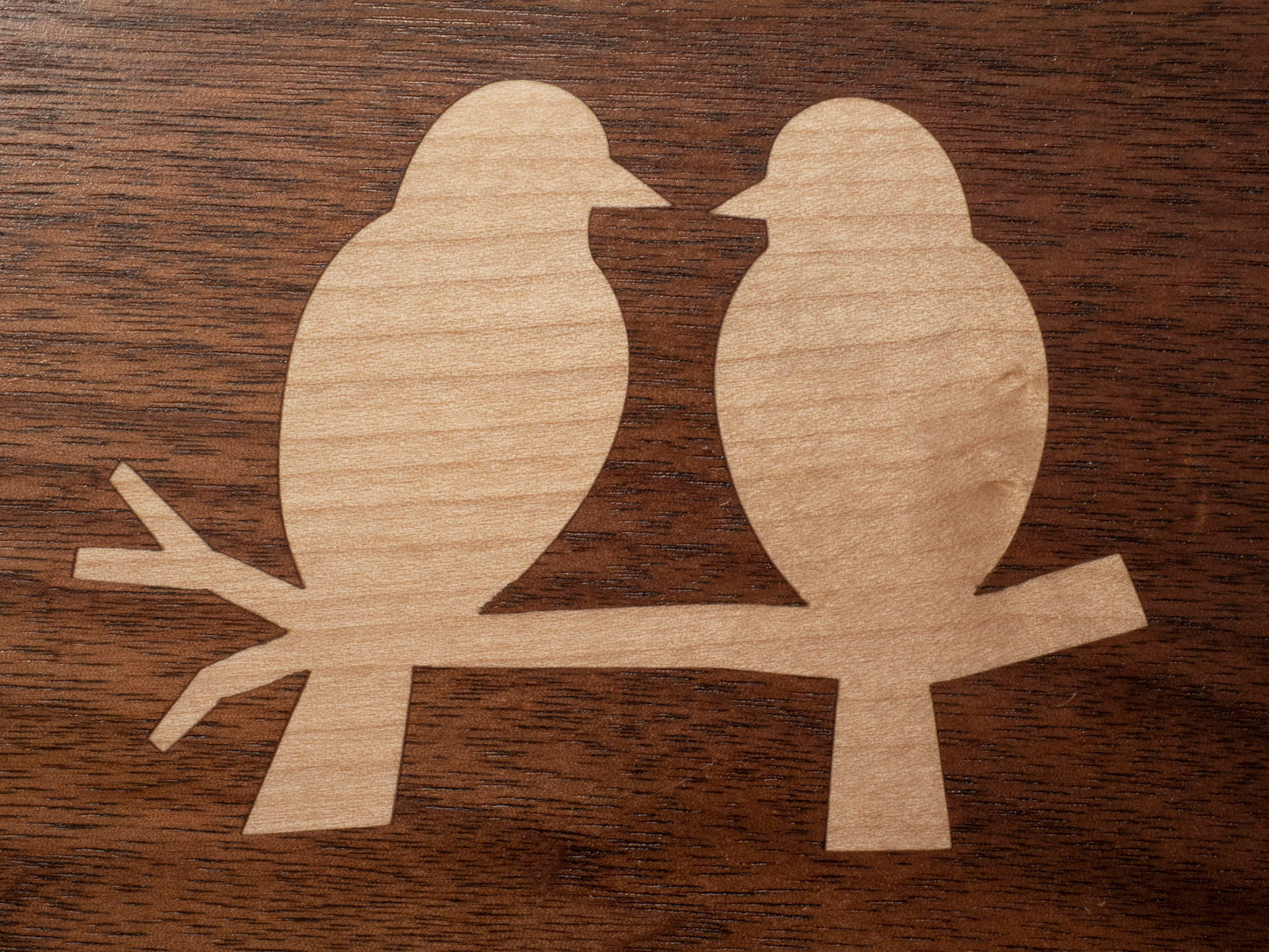 Handmade Walnut Jewelry Box: Love Birds Maple Inlay - Green Fabric