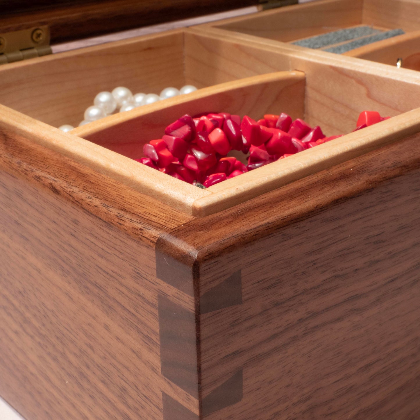 Handmade Walnut Jewelry Box: Butterfly & Flower Maple Inlay - Green Fabric