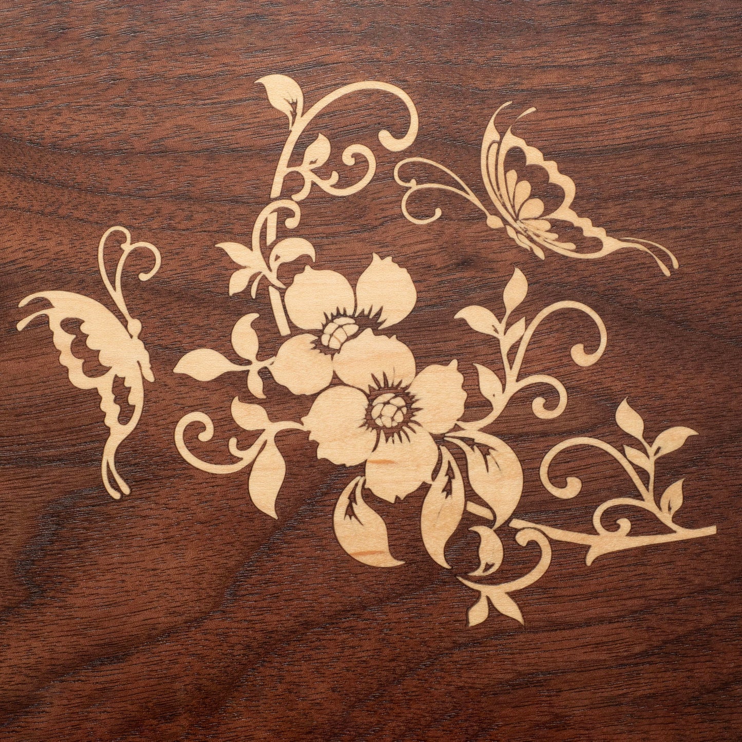 Handmade Walnut Jewelry Box: Butterfly & Flower Maple Inlay - Green Fabric