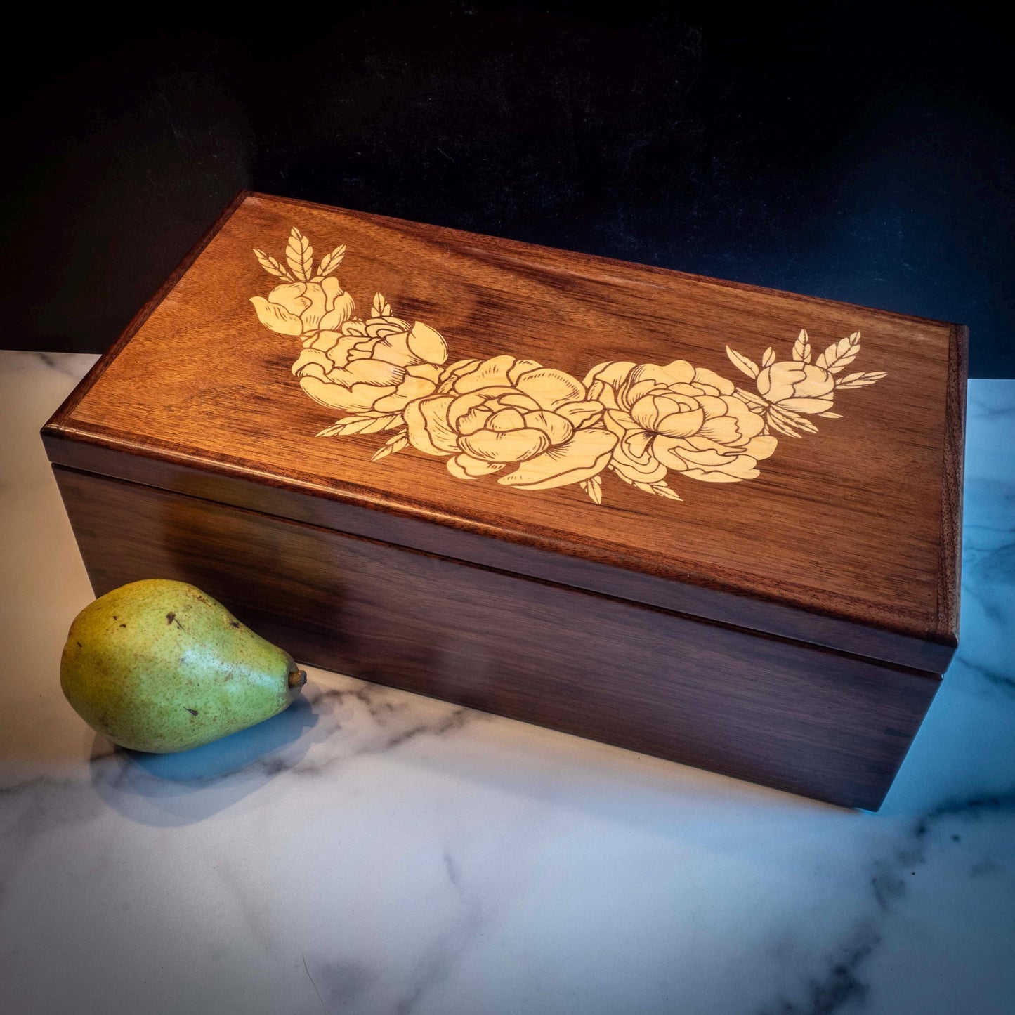 Large Walnut Jewelry Box With Hand-Cut Dovetails (15"x8") with Peonies Inlay