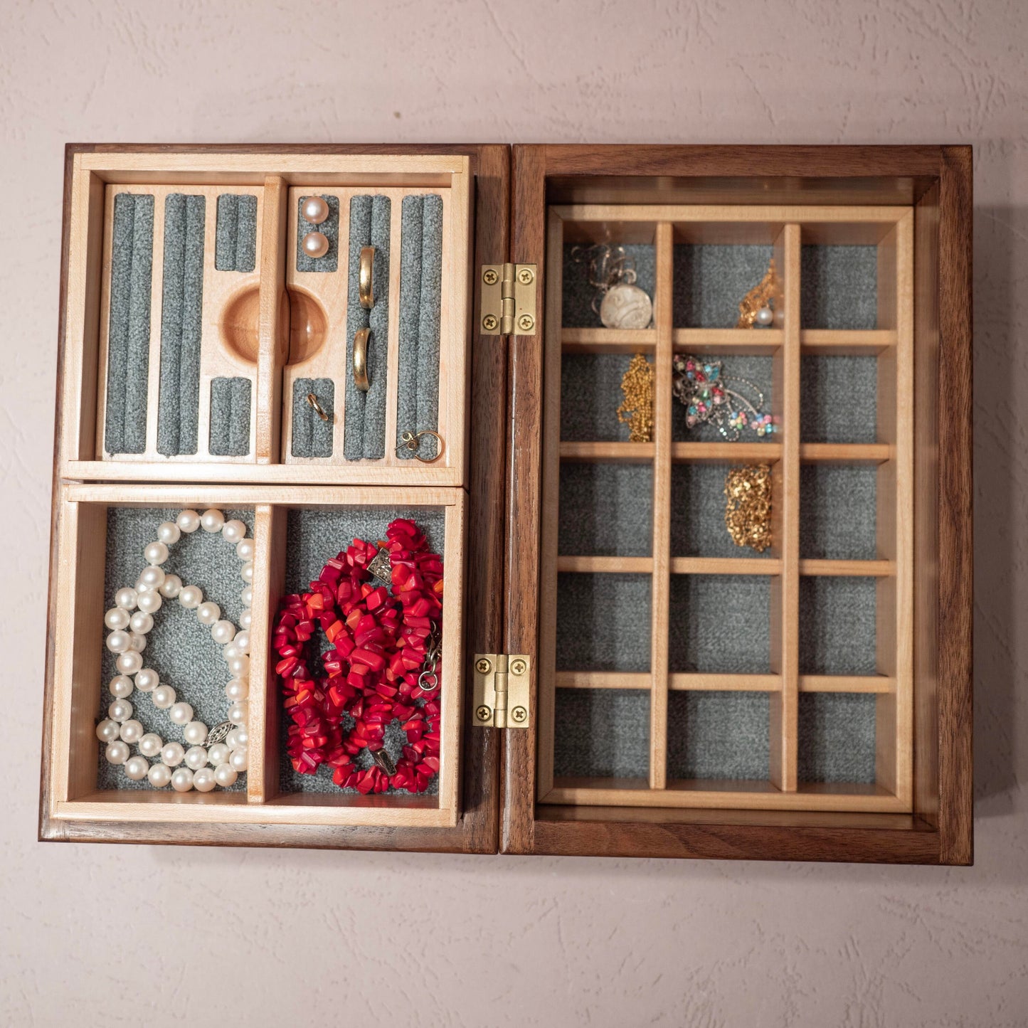 Handmade Walnut Jewelry Box: Butterfly & Flower Maple Inlay - Green Fabric