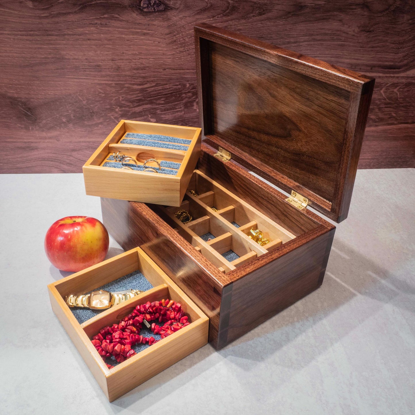 Walnut Jewelry Box: Hydrangea Inlay, Blue Fabric - Handmade