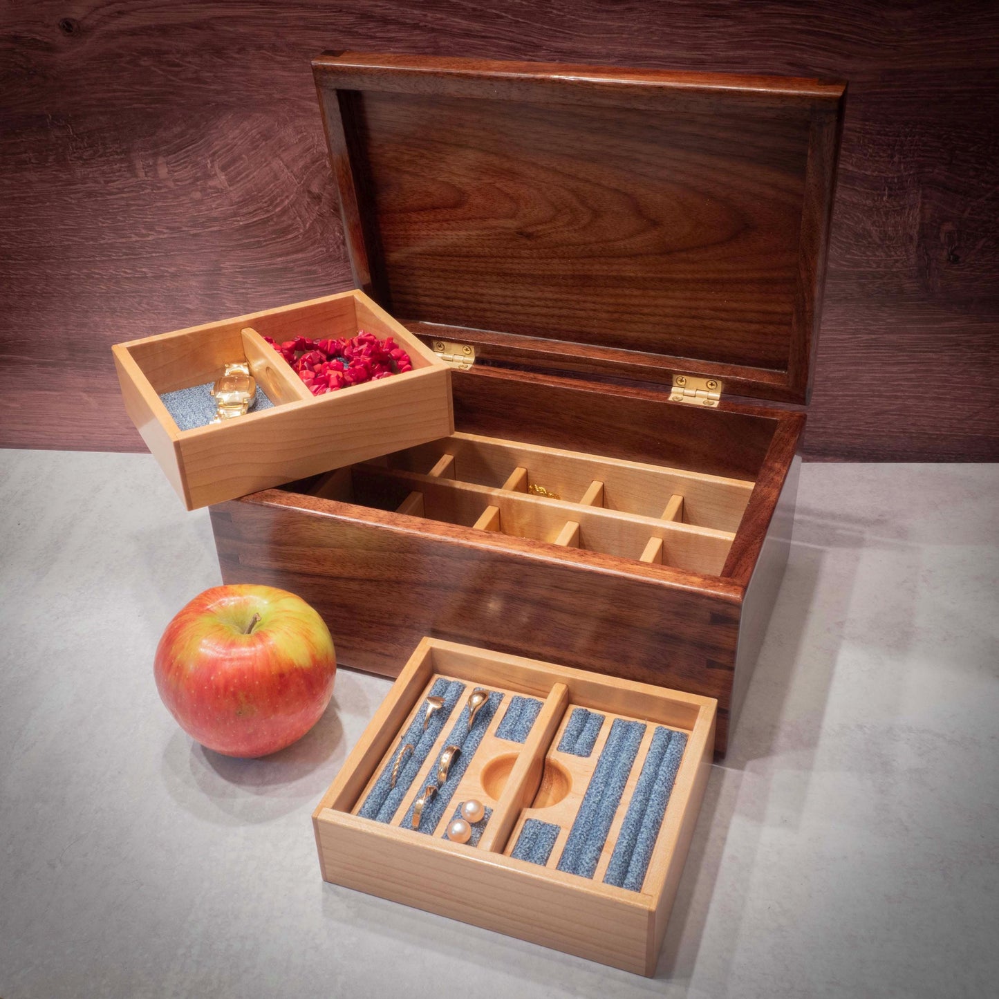 Handmade Walnut Jewelry Box: Heart Padauk Wood Inlay - Blue Fabric