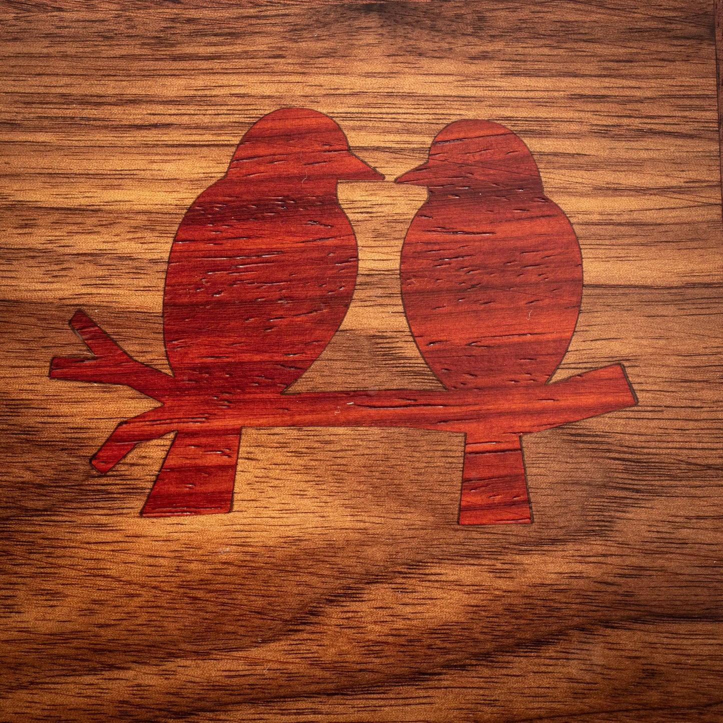 Walnut Jewelry Box: Love Bird Padauk Wood Inlay, Blue Fabric - Handmade
