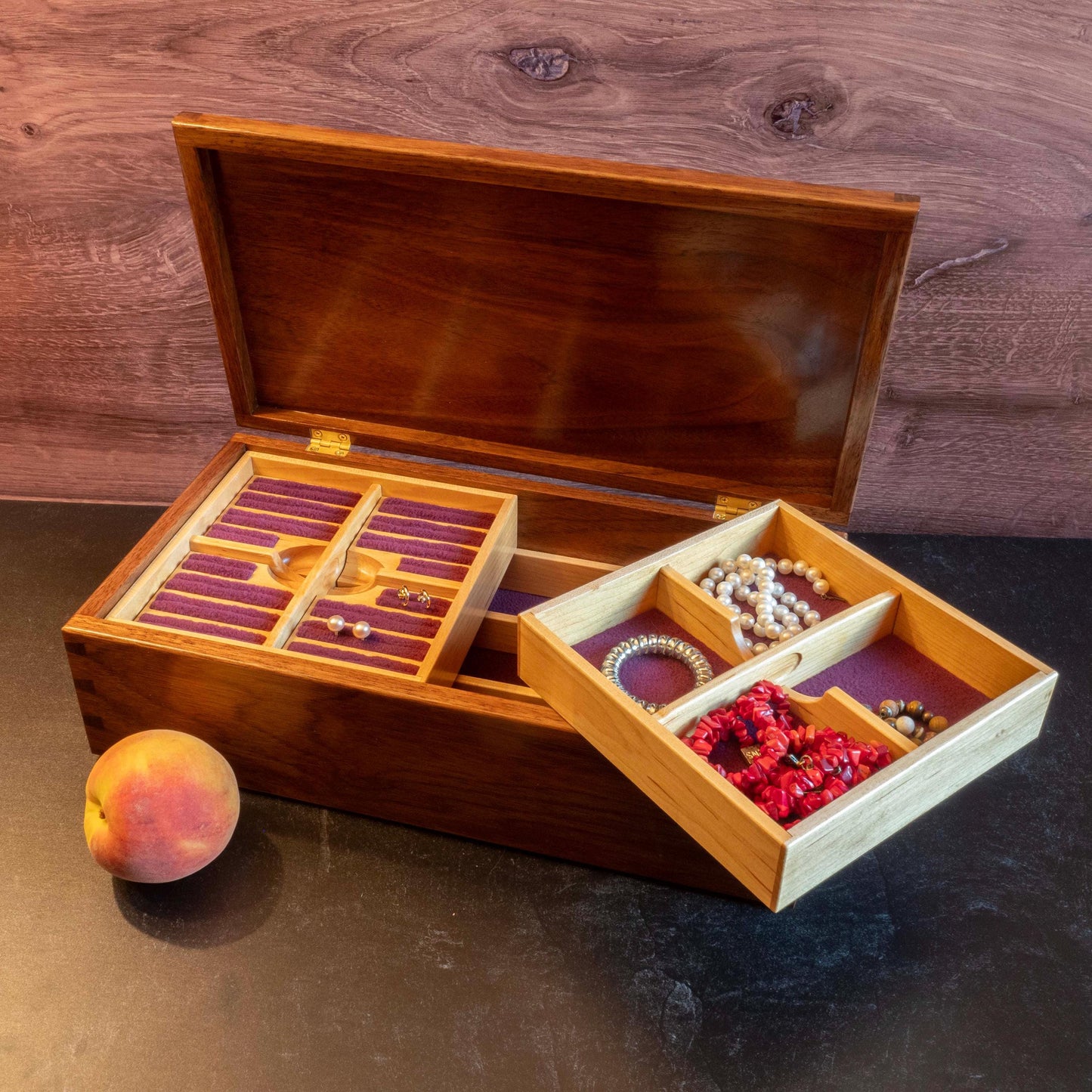 Large Walnut Jewelry Box With Hand-Cut Dovetails (15"x8") with Peonies Inlay