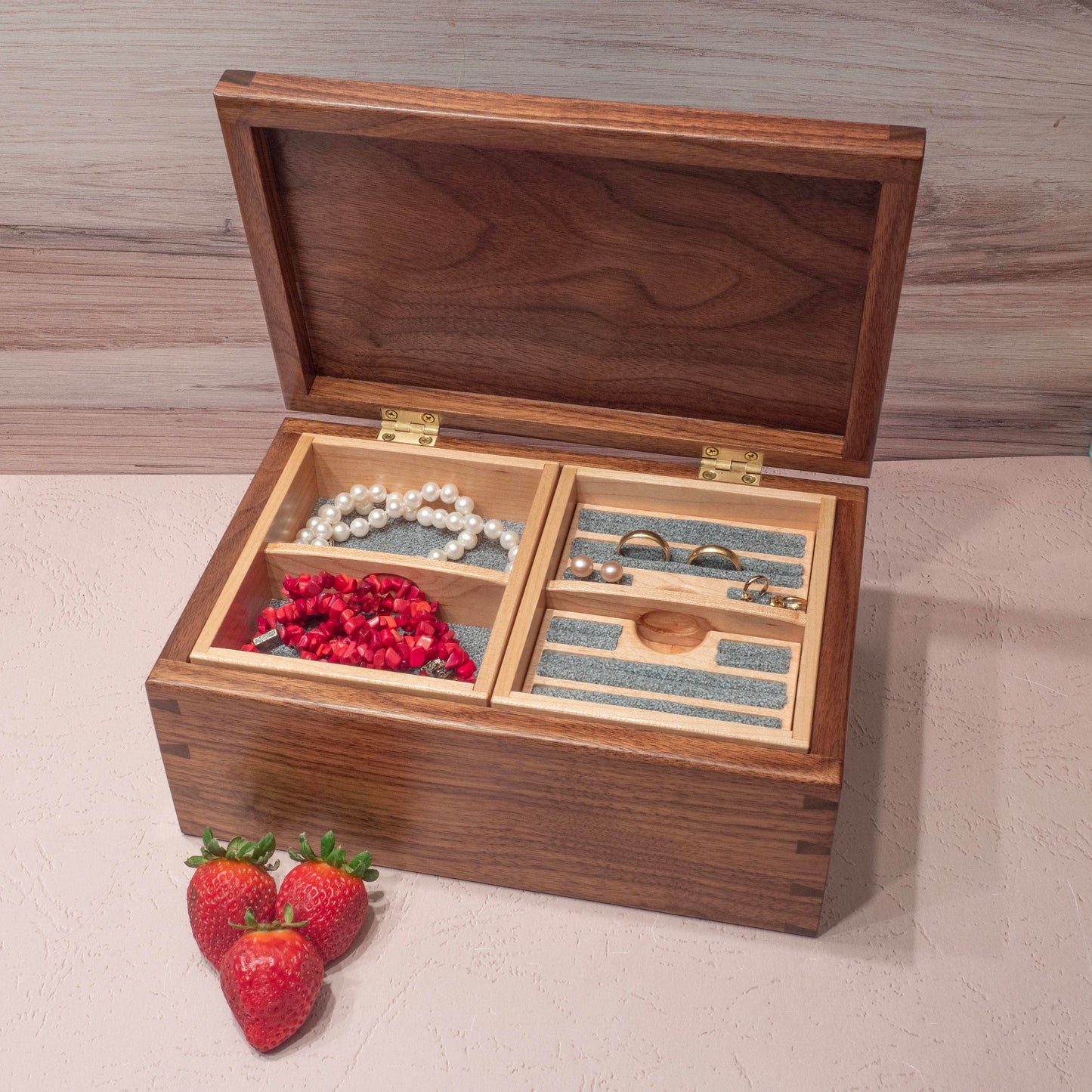 Handmade Walnut Jewelry Box: Butterfly & Flower Maple Inlay - Green Fabric