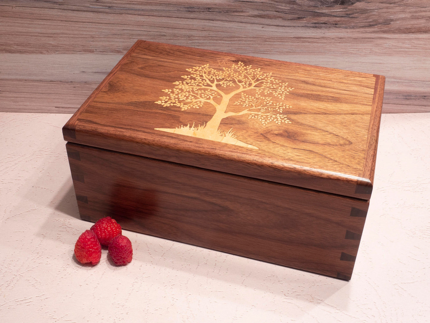 Handmade Walnut Jewelry Box: Tree of Life Maple Inlay - Green Fabric
