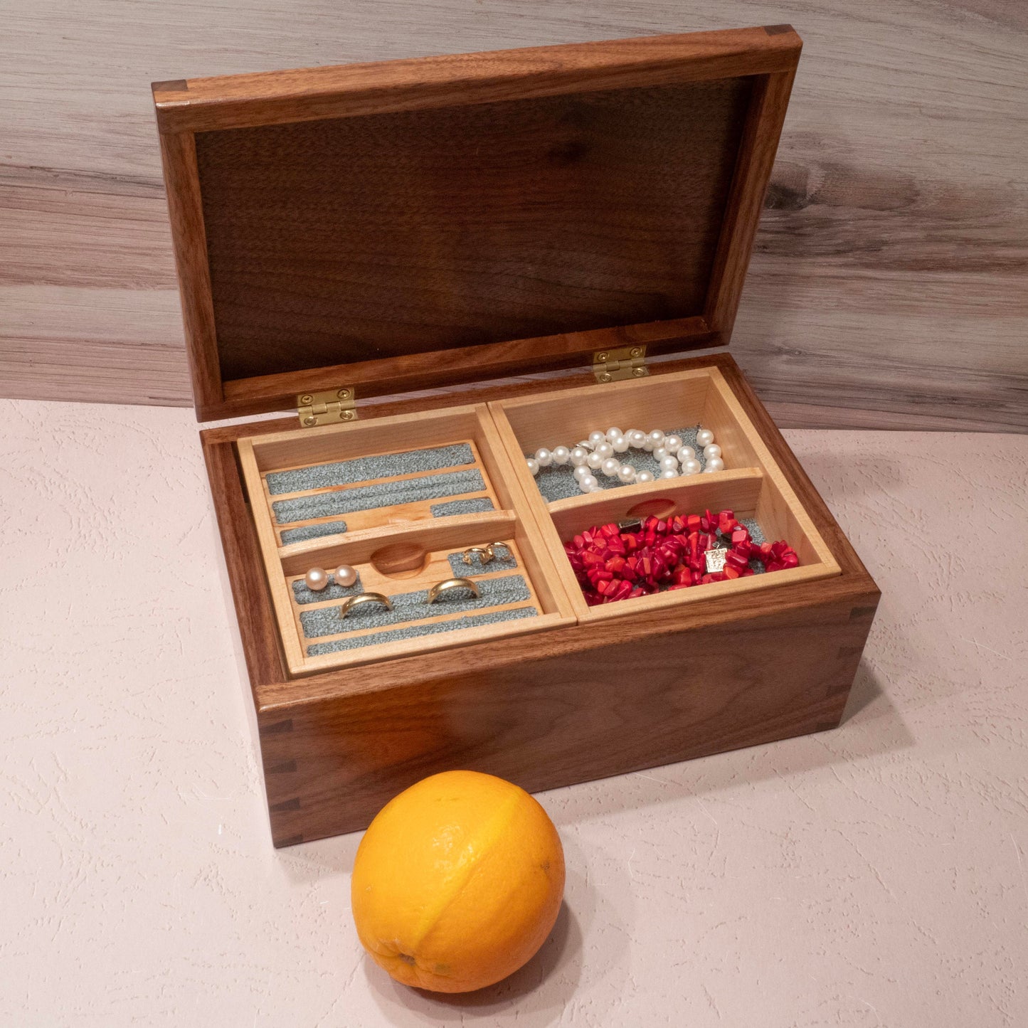 Handmade Walnut Jewelry Box: Rose Maple Inlay - Green Fabric