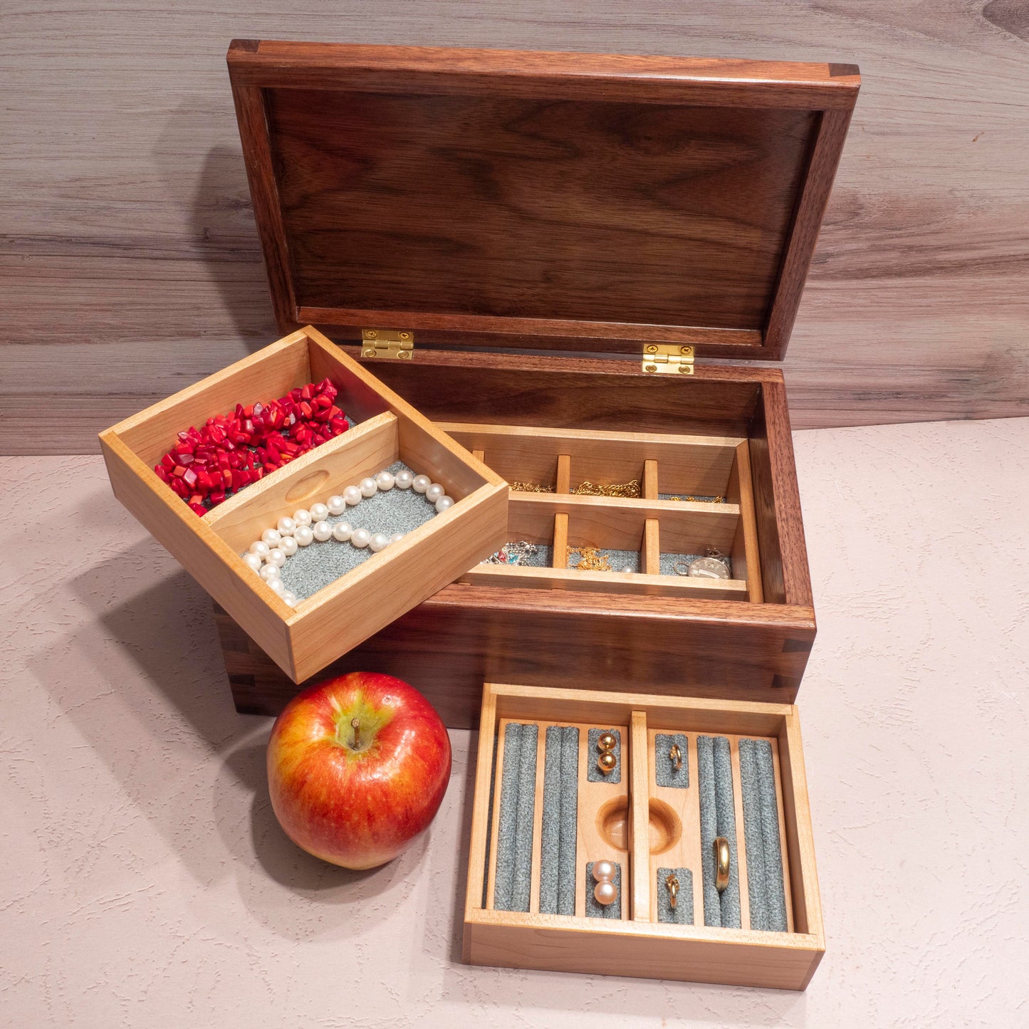 Handmade Walnut Jewelry Box: Tree of Life Maple Inlay - Green Fabric