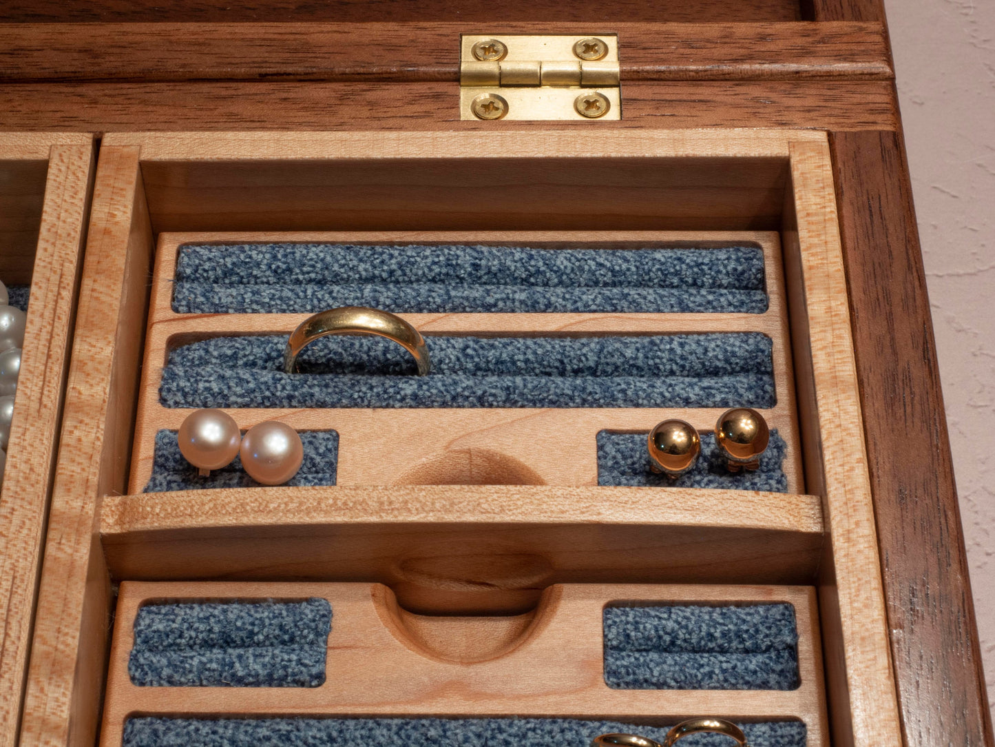Handmade Walnut Jewelry Box: Love Birds Inlay - Blue Fabric