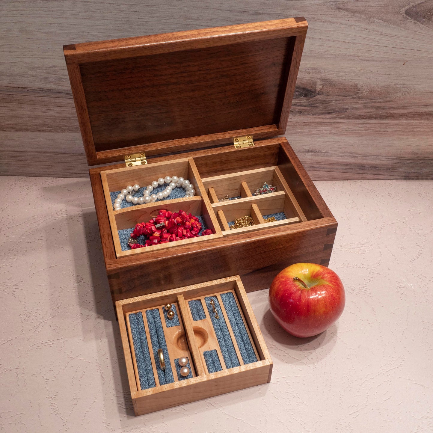 Handmade Walnut Jewelry Box: Love Birds Inlay - Blue Fabric