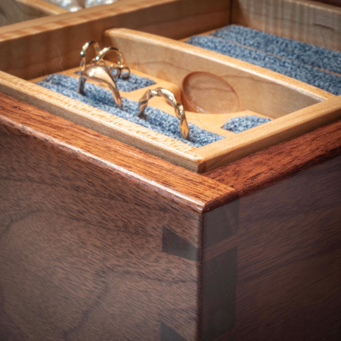Walnut Jewelry Box: Love Bird Padauk Wood Inlay, Blue Fabric - Handmade