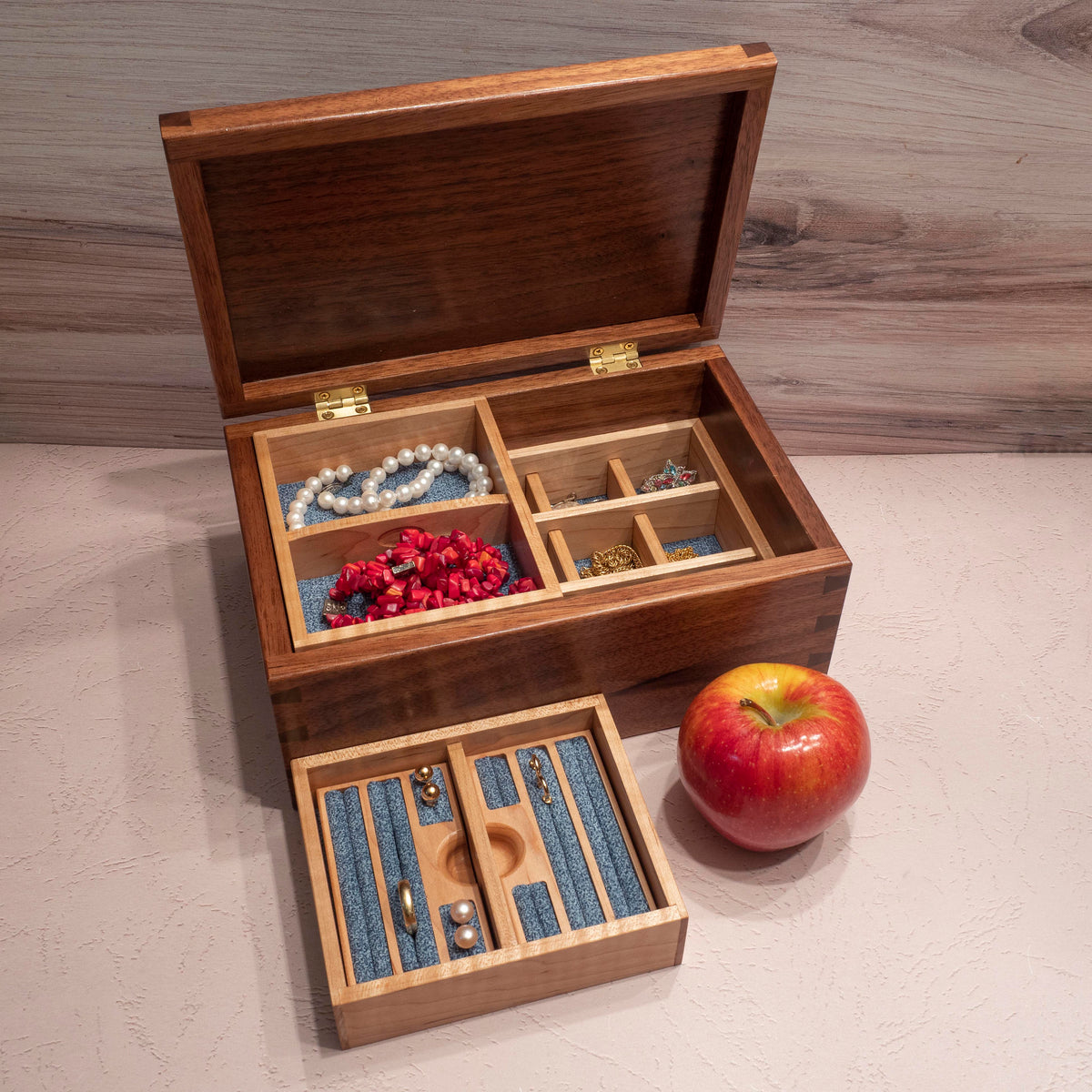 Handmade Walnut Jewelry Box: Rose Maple Inlay - Blue Fabric