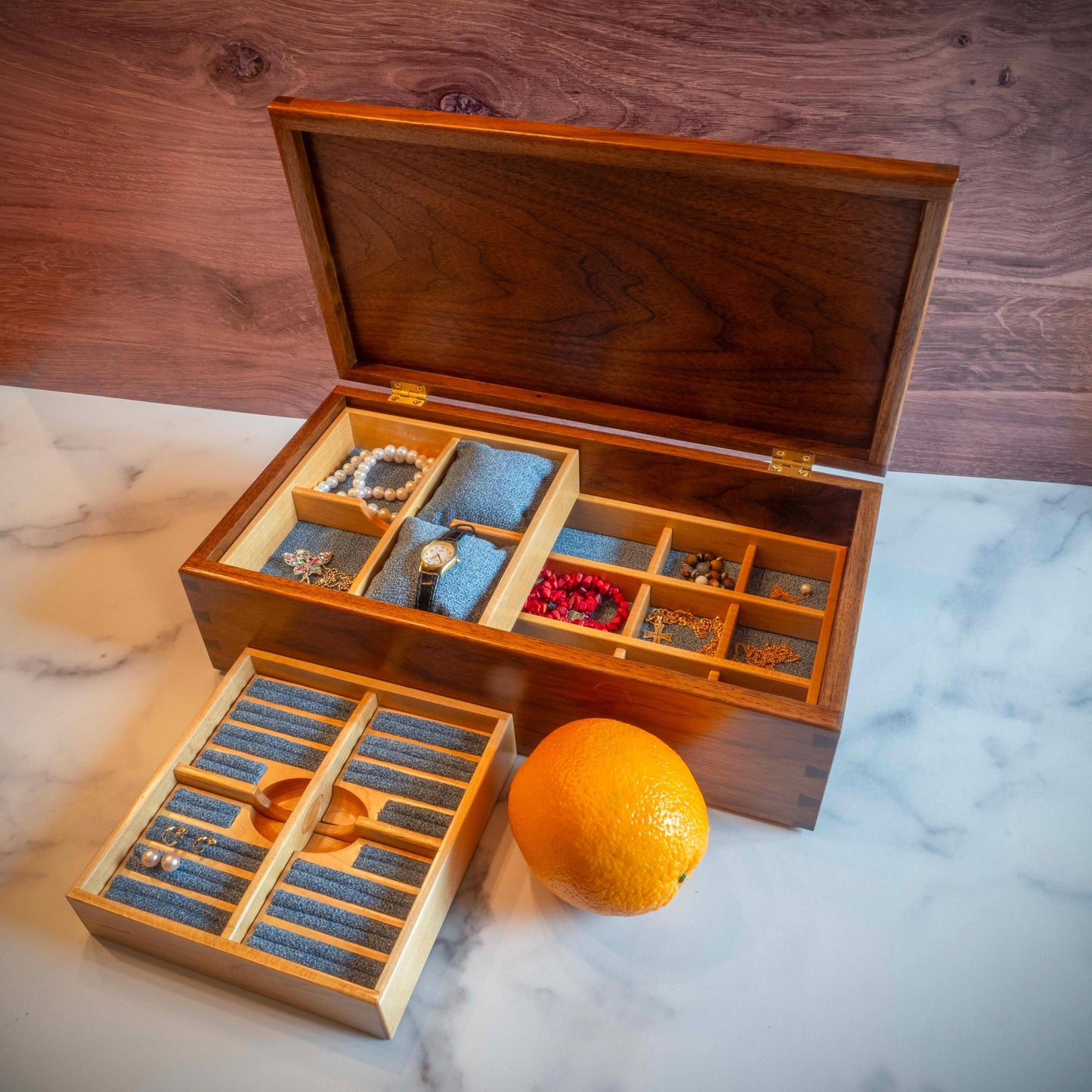 Large Walnut Jewelry Box With Hand-Cut Dovetails (15"x8") with Love Bird Inlay