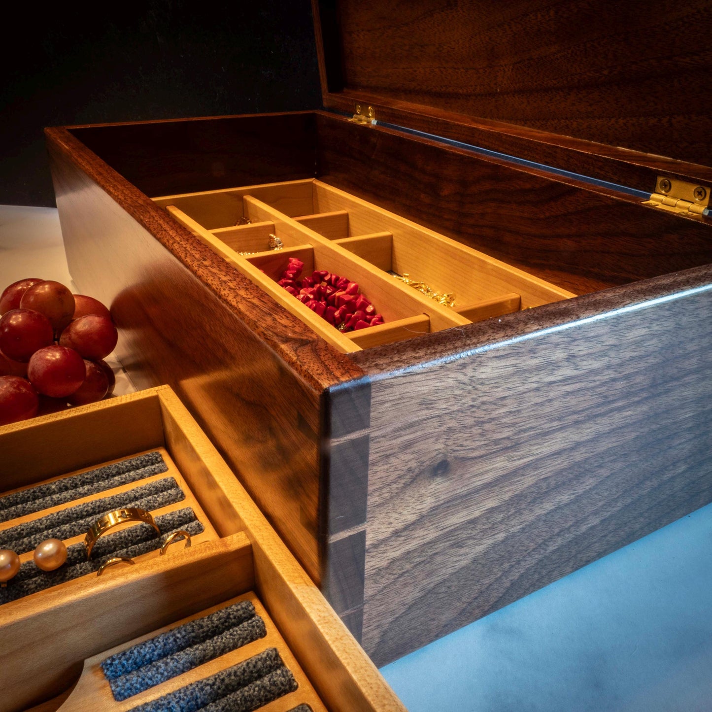 Large Walnut Jewelry Box With Hand-Cut Dovetails (15"x8") with Wedding Couple Inlay