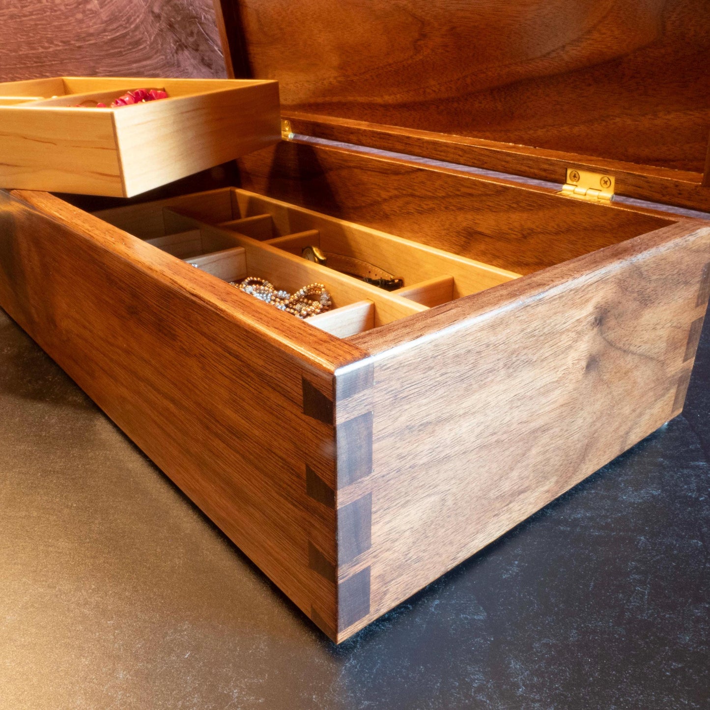 Large Walnut Jewelry Box With Hand-Cut Dovetails (15"x8") with Peonies Inlay