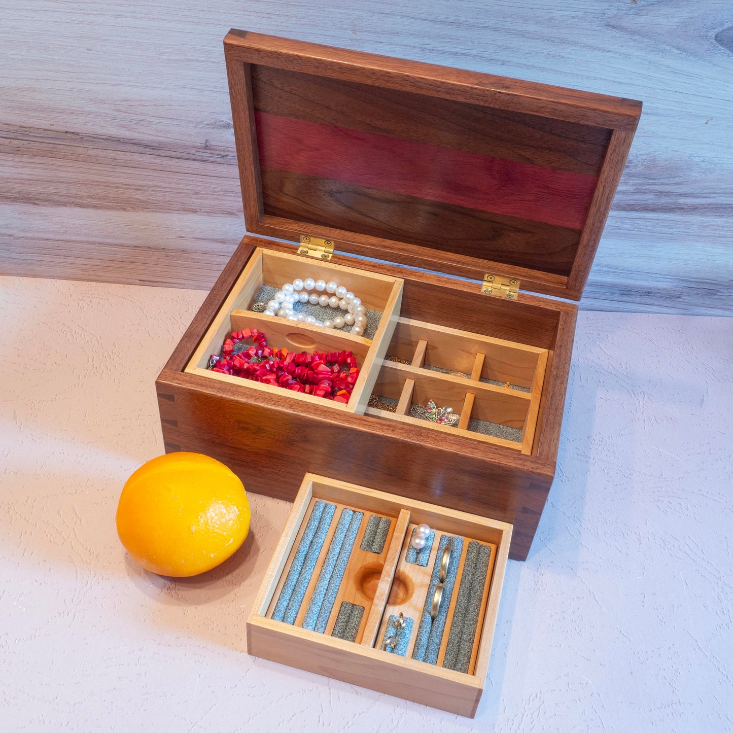 Walnut/Purple Heart Jewelry Box - Green Fabric (10"x6.5"x4.5") - Including Removable Ring Organizer