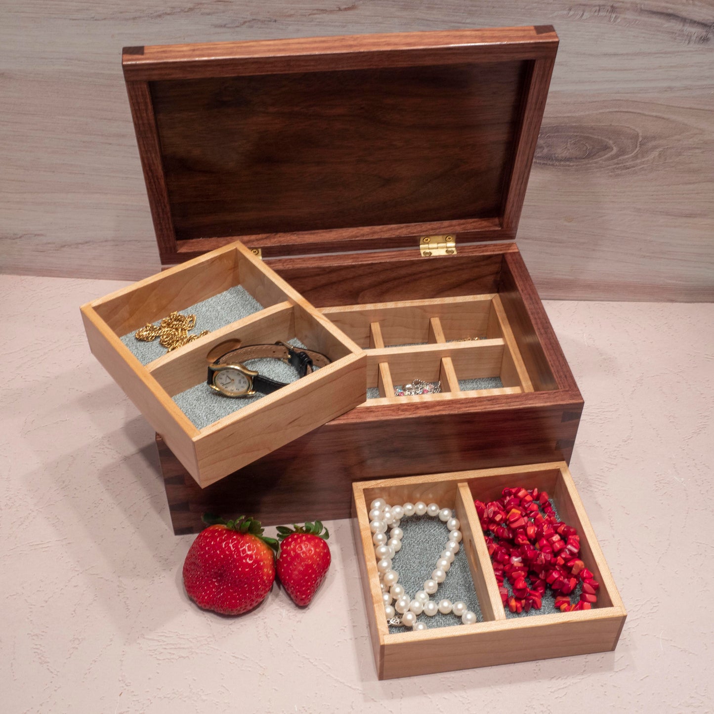 Handmade Walnut Jewelry Box: Tree of Life Maple Inlay - Green Fabric