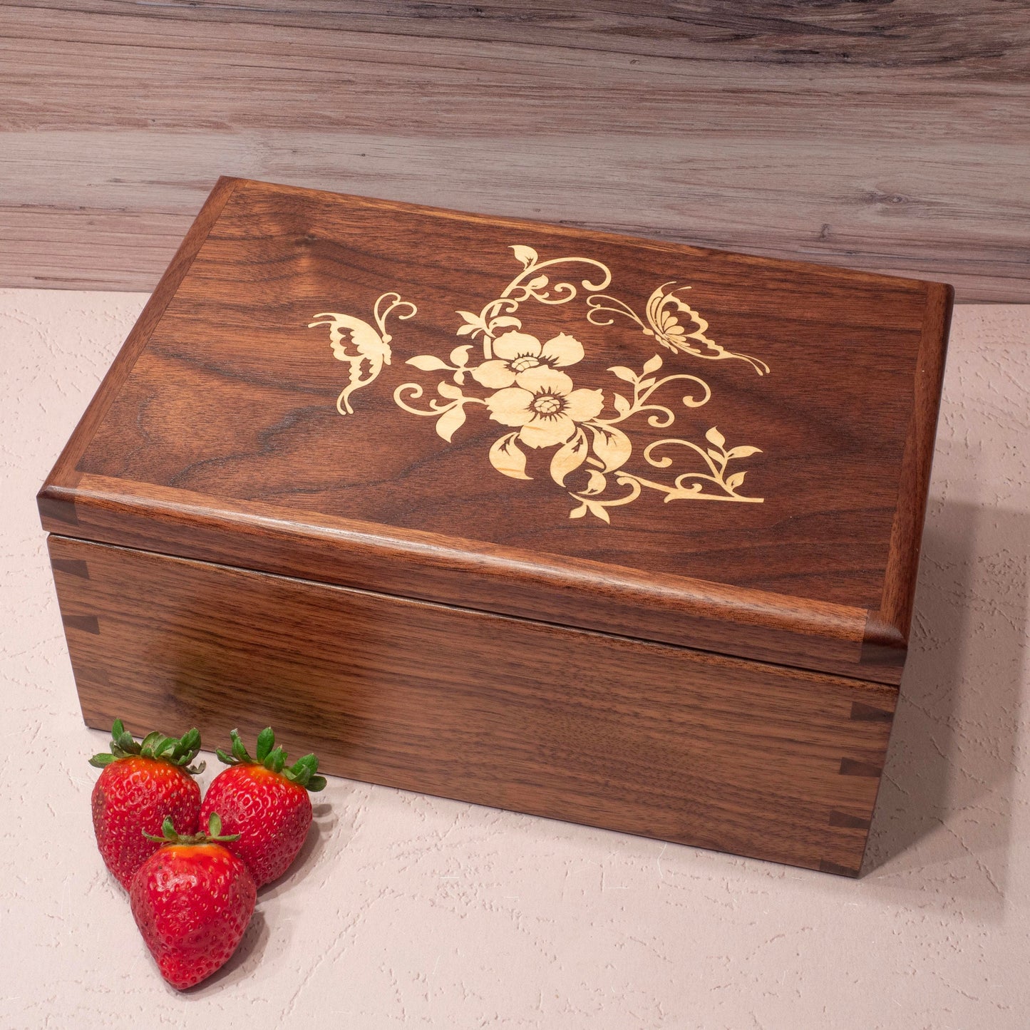 Handmade Walnut Jewelry Box: Butterfly & Flower Maple Inlay - Green Fabric