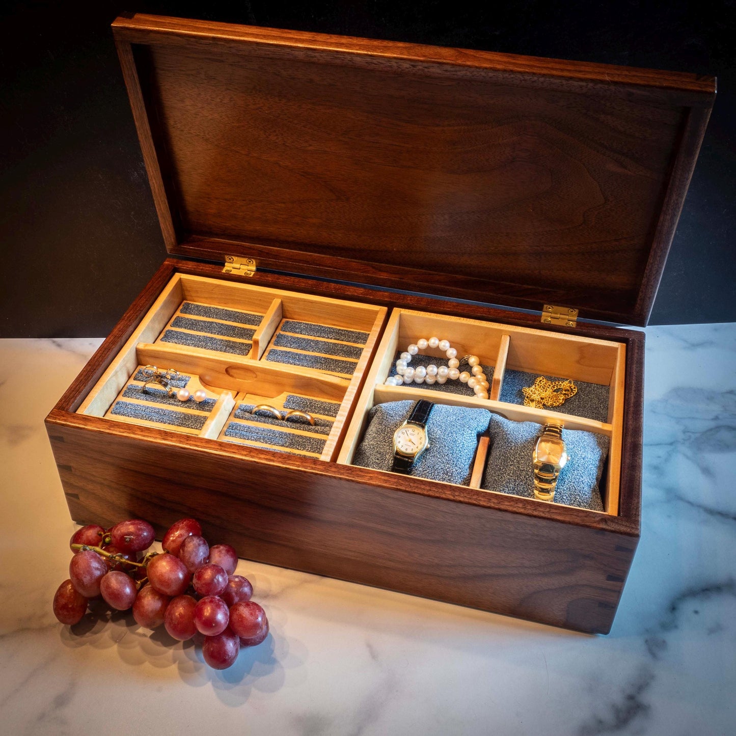 Large Walnut Jewelry Box With Hand-Cut Dovetails (15"x8") with Wedding Couple Inlay