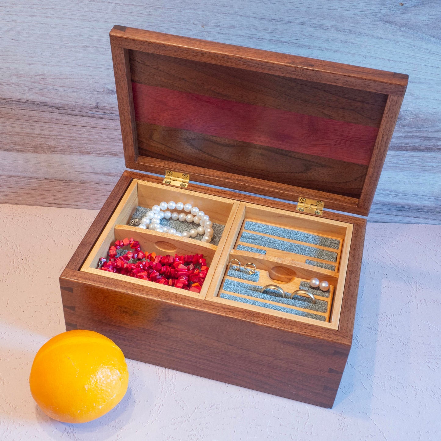 Walnut/Purple Heart Jewelry Box - Green Fabric (10"x6.5"x4.5") - Including Removable Ring Organizer