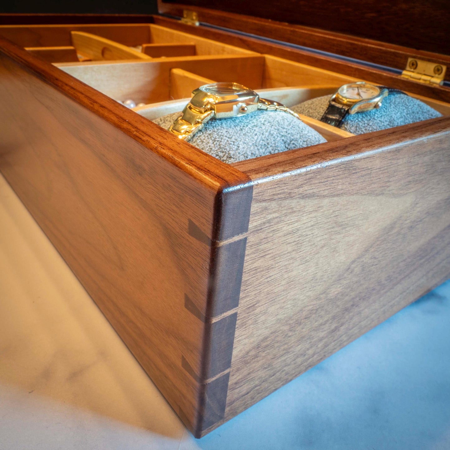 Large Walnut Jewelry Box With Hand-Cut Dovetails (15"x8") with Tree of Life Inlay