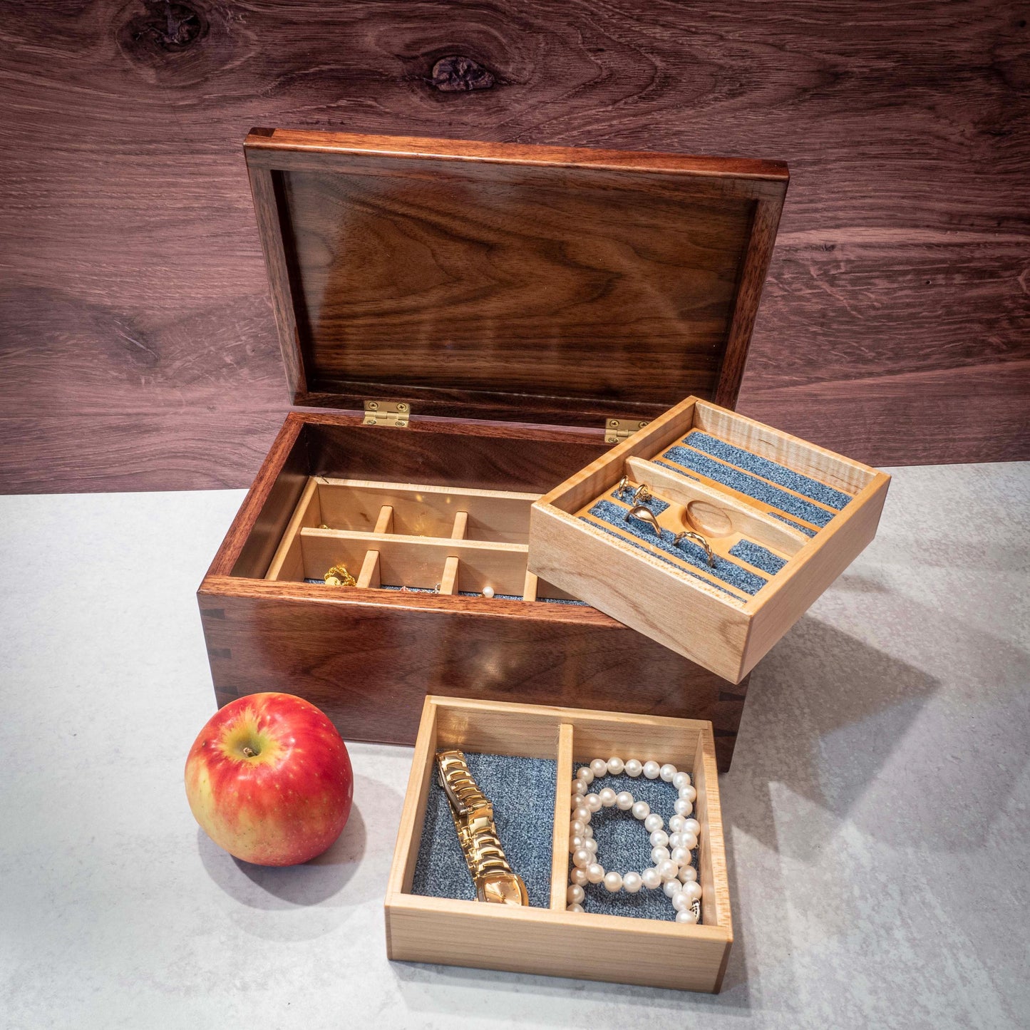 Walnut Jewelry Box: Love Bird Padauk Wood Inlay, Blue Fabric - Handmade