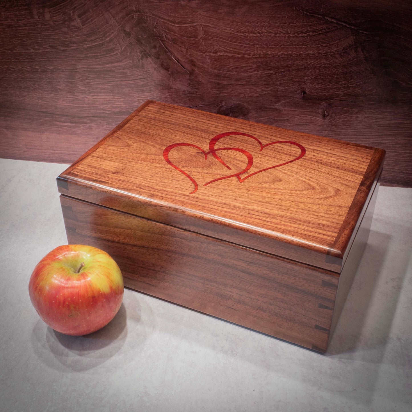 Handmade Walnut Jewelry Box: Heart Padauk Wood Inlay - Blue Fabric
