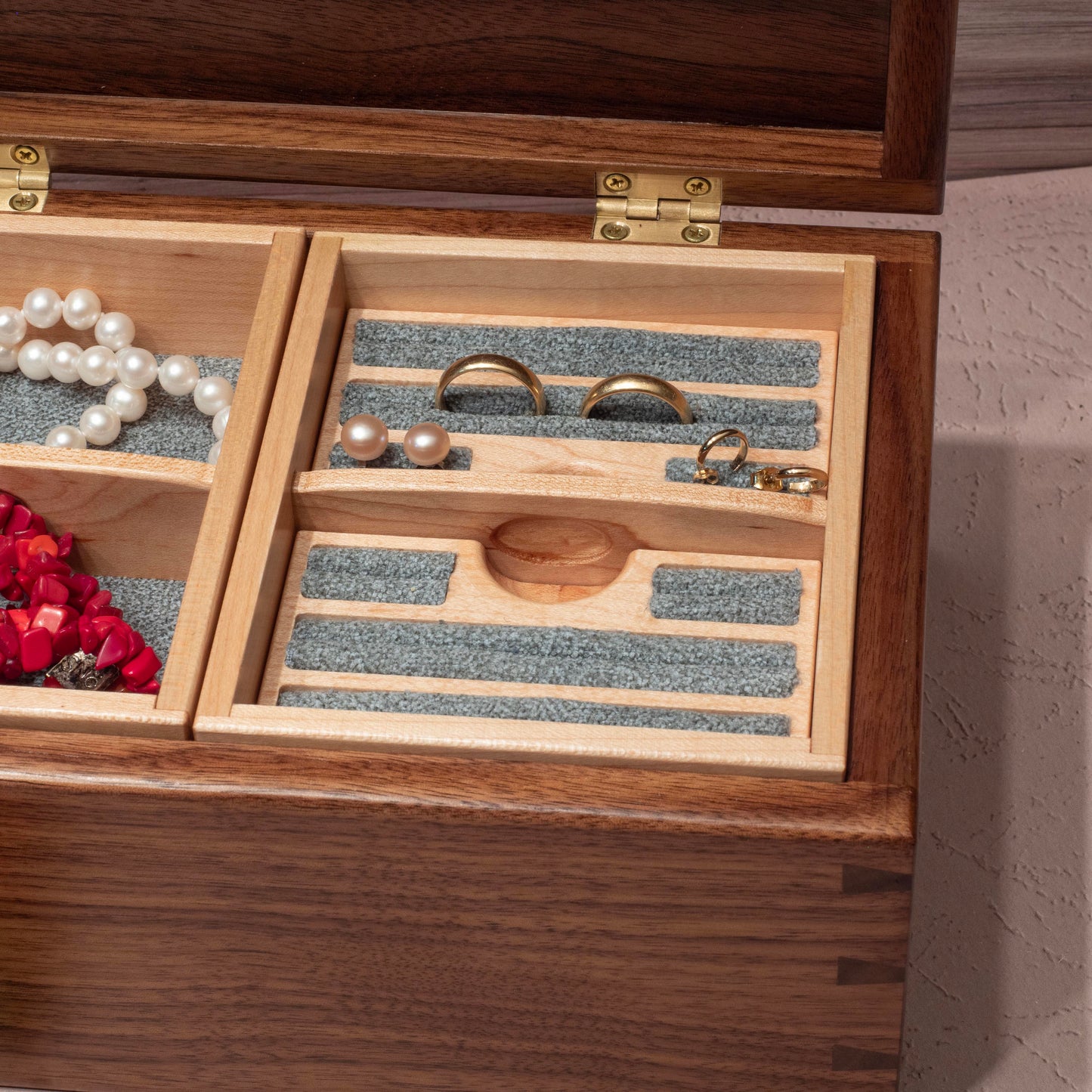 Handmade Walnut Jewelry Box: Butterfly & Flower Maple Inlay - Green Fabric