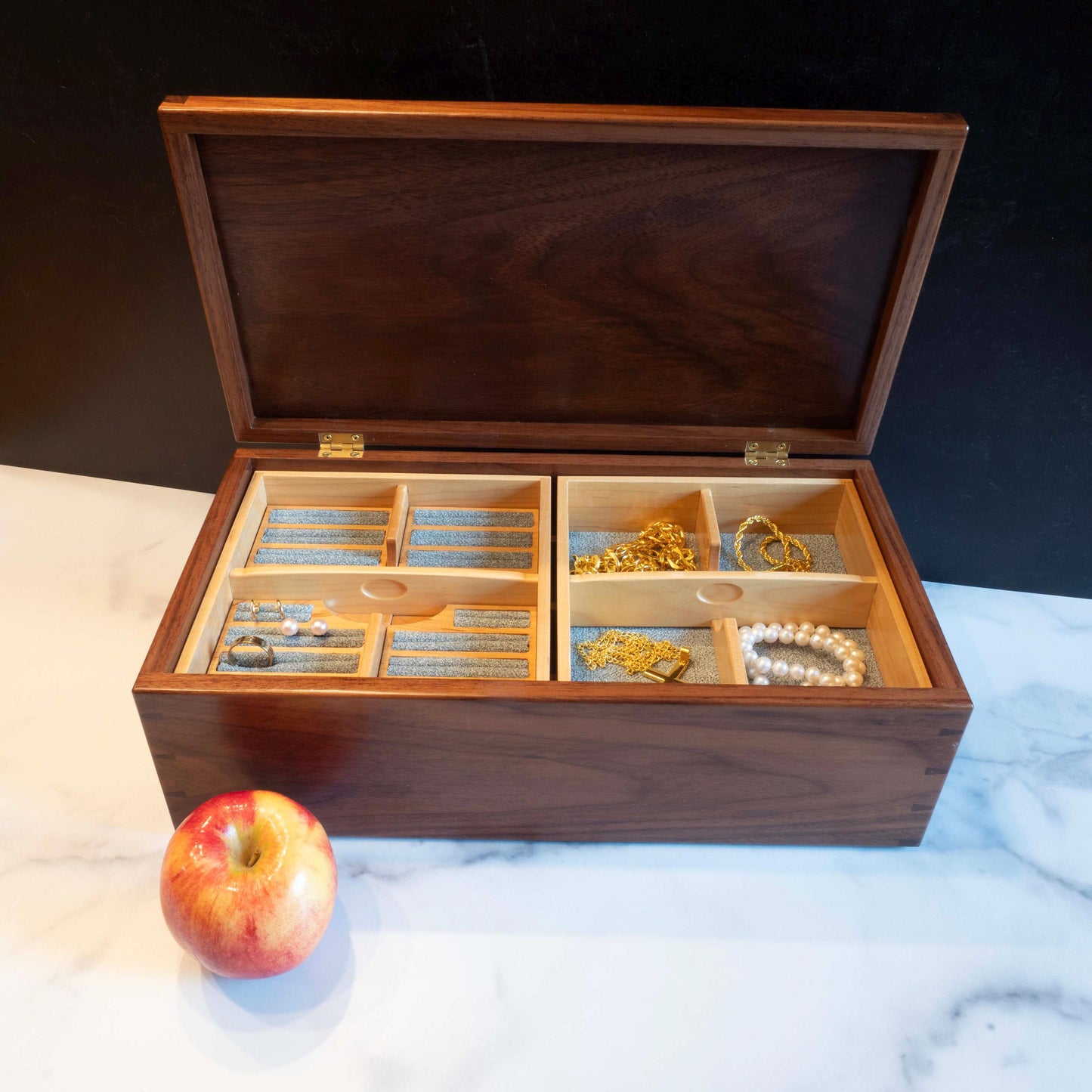 Large Walnut Jewelry Box With Hand-Cut Dovetails (15"x8") with Tree of Life Inlay