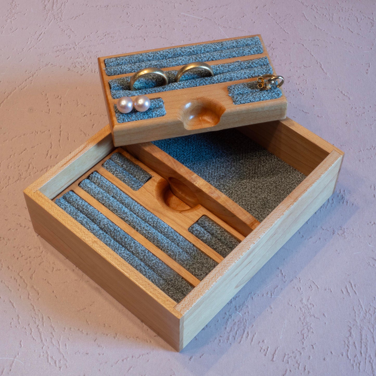 Walnut/Purple Heart Jewelry Box - Green Fabric (10"x6.5"x4.5") - Including Removable Ring Organizer