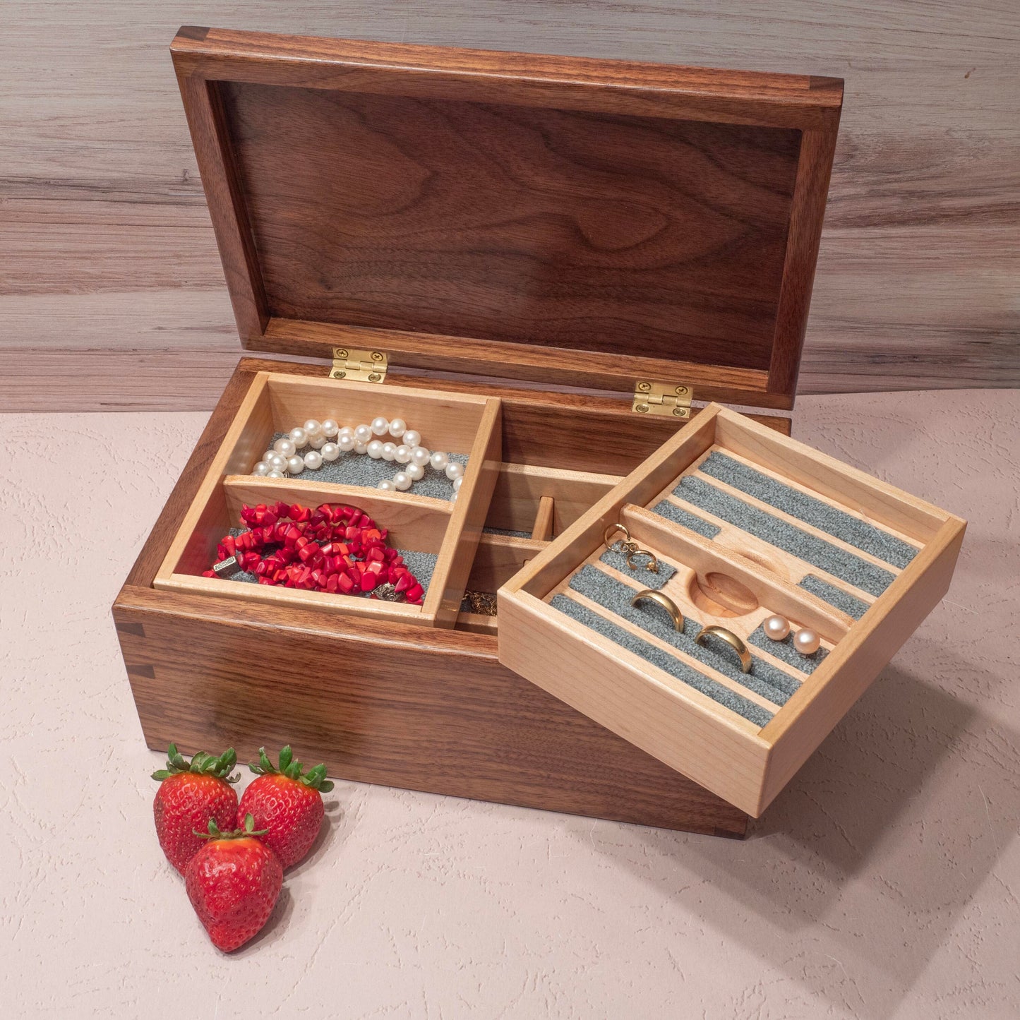 Handmade Walnut Jewelry Box: Butterfly & Flower Maple Inlay - Green Fabric